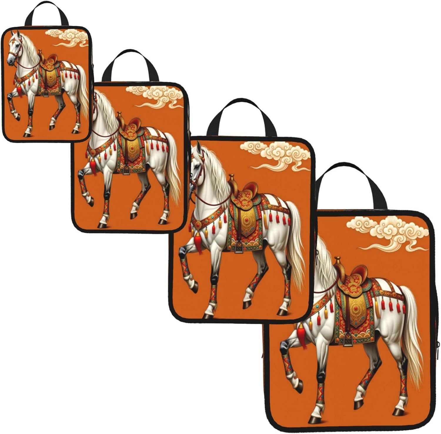 Floral Saddle And Colorful Clouds Compression Packing Cubes Set Of 4, Lightweight Expandable Travel Organizer Bags With Double Zipper For Vacation Business
