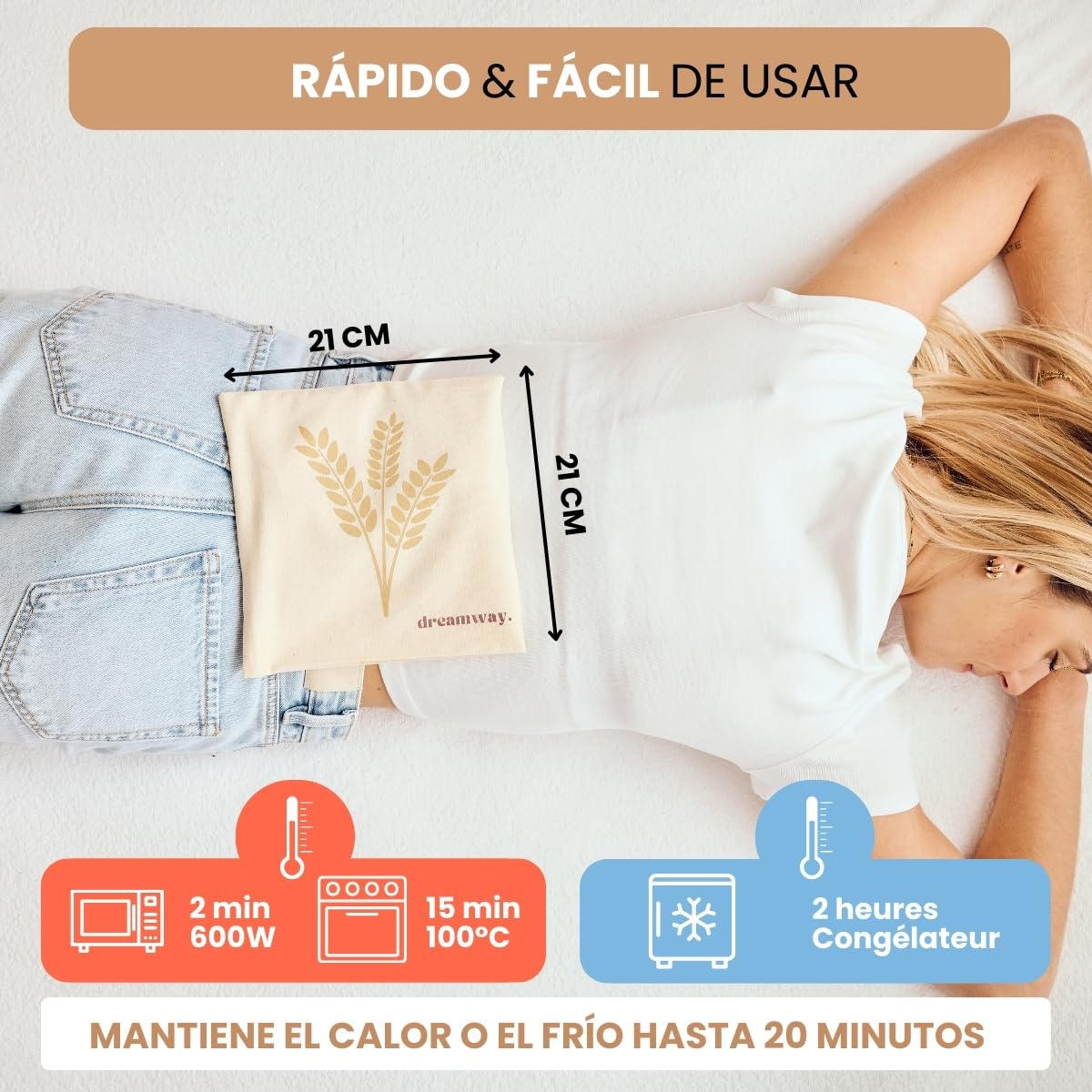 Dreamway - Cojín térmico microondas con trigo 21x21cm - Alternativa a la bolsa de agua - Almohadilla térmica con funda 100 % algodón lavable - Alivia dolores musculares y articulares