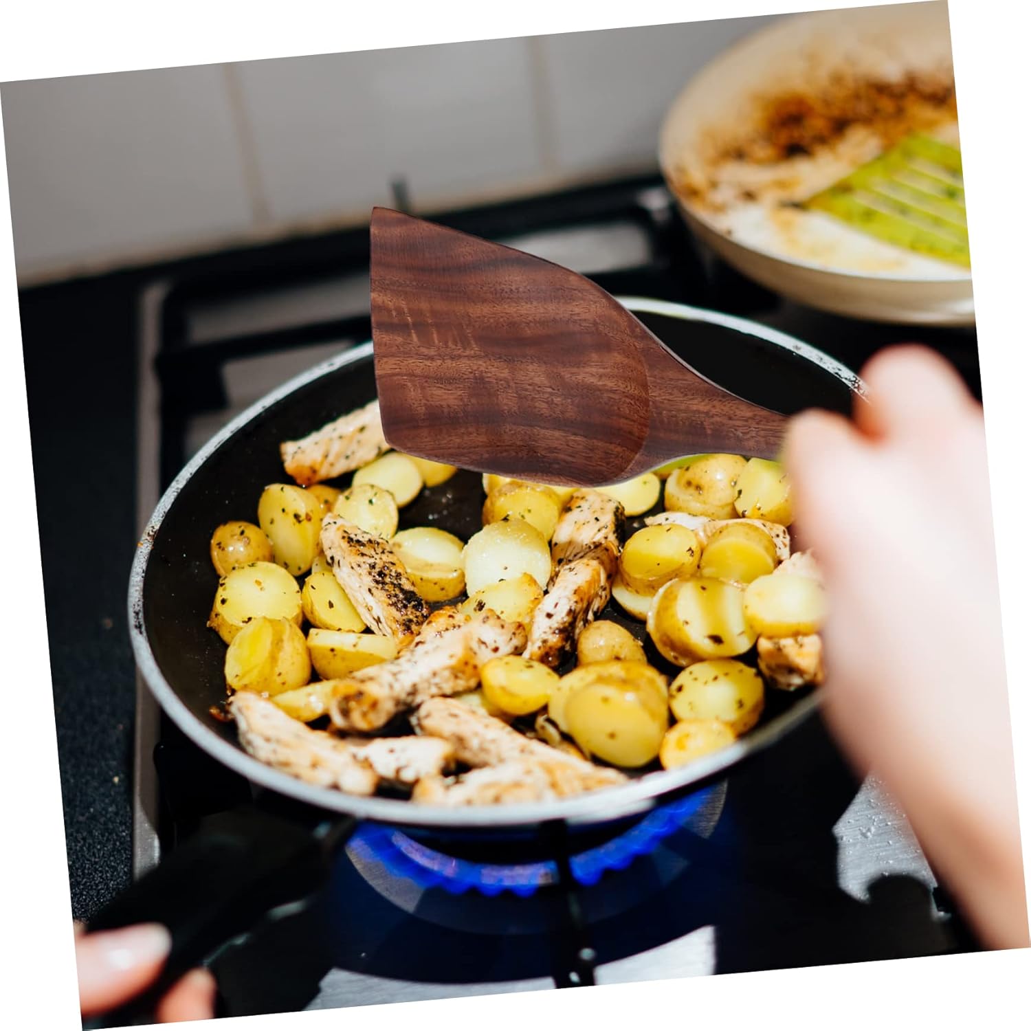 Healifty Teak Wood Kitchen Utensil with Long Handles Wooden Cooking Spoons Fork and Spatulas for Home Restaurant and Hotel Use Smooth Surface Easy to Clean and Store