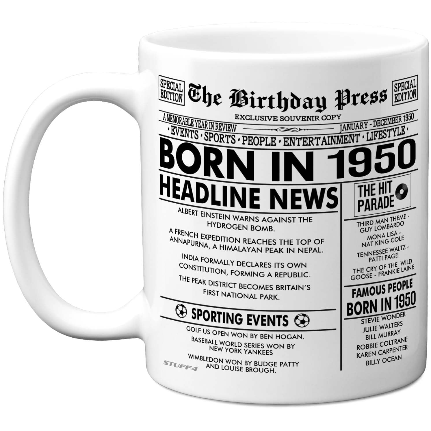 Stuff4 76th Birthday Mug Gift for Men Women - Born in 1950 Newspaper - Happy 76 Birthday Gifts for Grandad Grandma Nan Vintage Retro Back in 1950 Age 76 Bday, 11oz Ceramic Coffee Mugs
