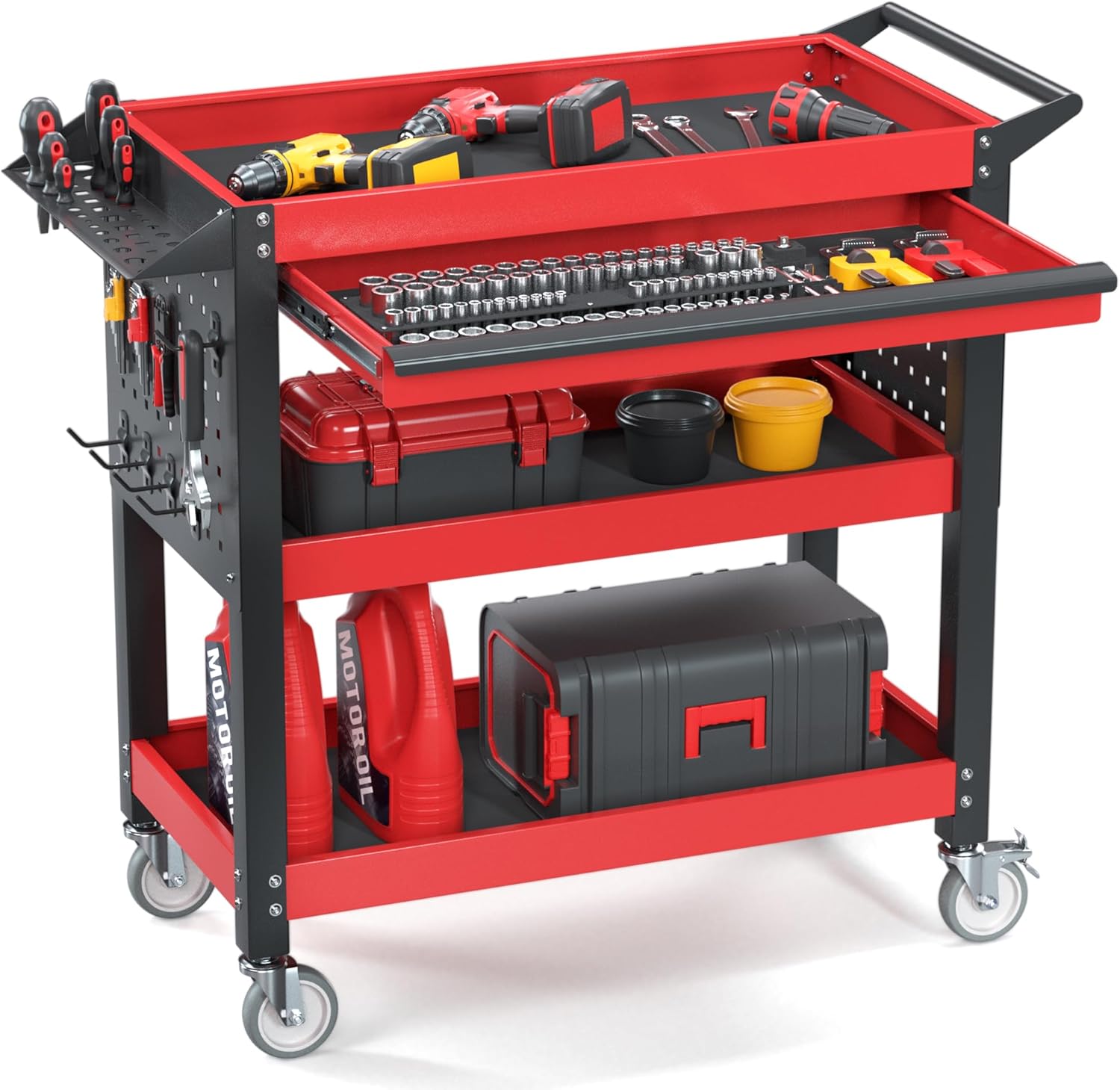 3 Tier Tool Cart on Wheels, Heavy Duty Metal Rolling with Drawers and Pegboards, 660 LBS Load Capacity Tool Storage Cart, Industrial Utility for Garage, Warehouse, Workshop