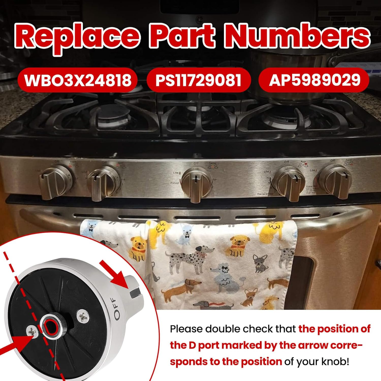 Stainless Steel WB03X24818 Gas Stove Knobs Replacement for GE Range Stove, Compatible with GE JGB6, JGB7, JGB8, JGBS Series, Replace AP5989029, PS11729081, 5 Pack (Not Universal)
