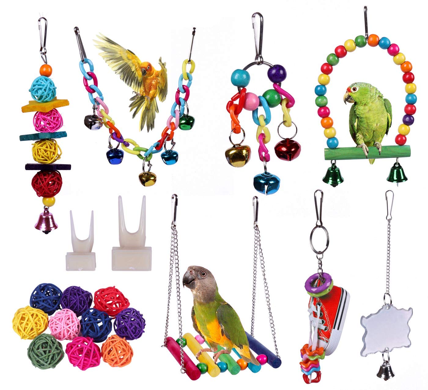 19 Pack Parakeet Toys,Birds Parrot Toys,Natural Wooden Hanging Bell Pet Bird Cage Toys,Bird Swing Chewing Toys,for Small Parrots,Finches,Cockatiels,Conures,Love Birds,Macaws