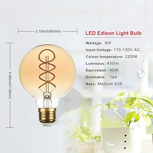 Miniatura 2 de SD LUX Bombillas LED Edison G25 regulables regulables, estilo retro, decorativas, 6 W, 450 lm (Equi. 40 W), base media E26, CRI90 blanco cálido,
