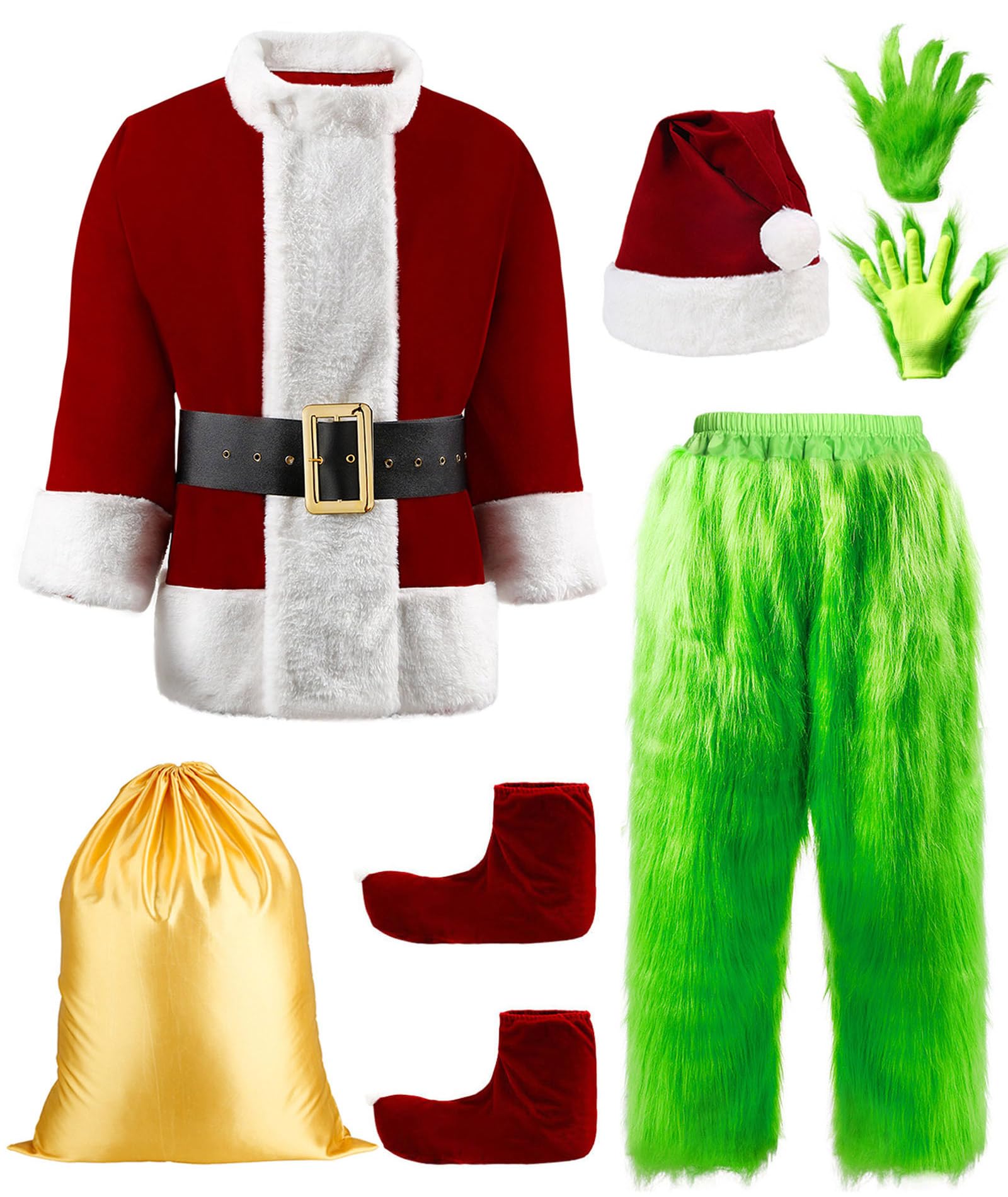 Halloween Costume Adult Men, 8Pcs Green Santa Suit Xmas Cosplay