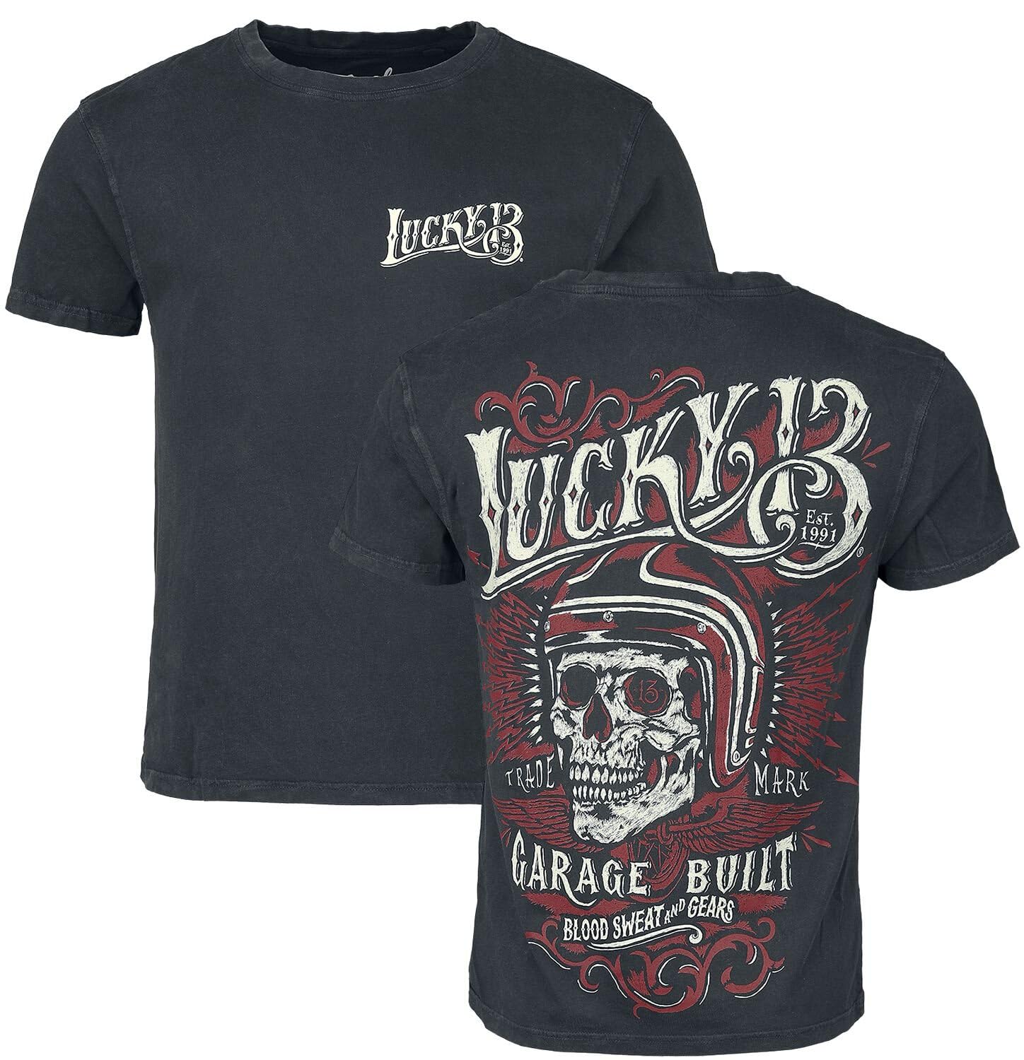 Lucky 13 Men T-Shirt Skull Built, Color:Washed Black, Size:2XL