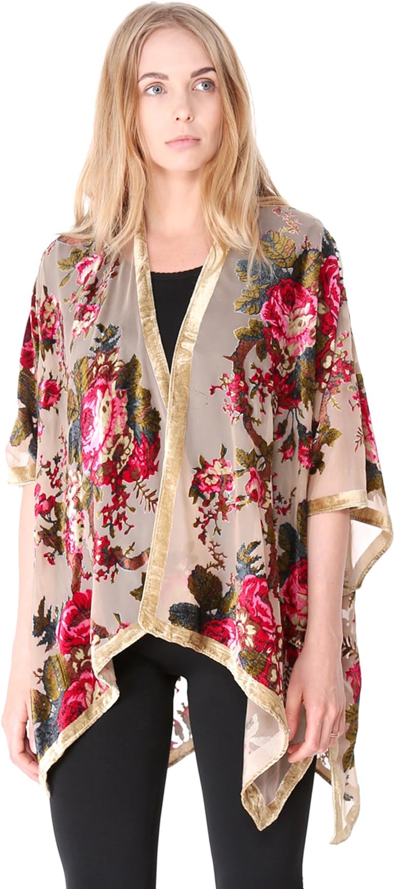 Outcrews Women's Floral Burnout Velvet Kimono Top Cardigan W/Short Sleeves, Cover Up, One Size