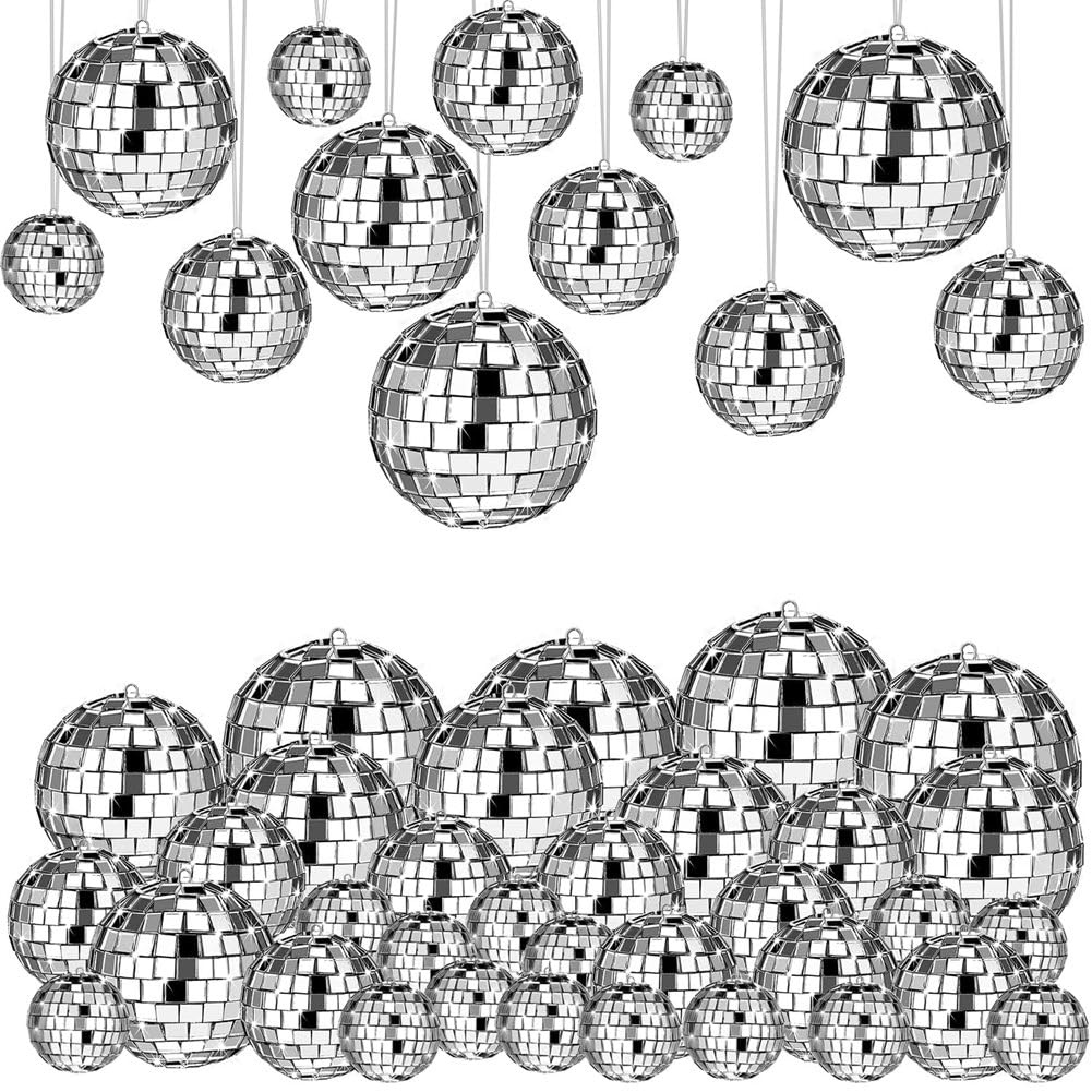 CTRLZS 54 Pcs Disco Ball, Hanging Disco Ball Decor Mini Silver Disco Ball Cake Topper Mirror Ball Decorations Wedding Christmas