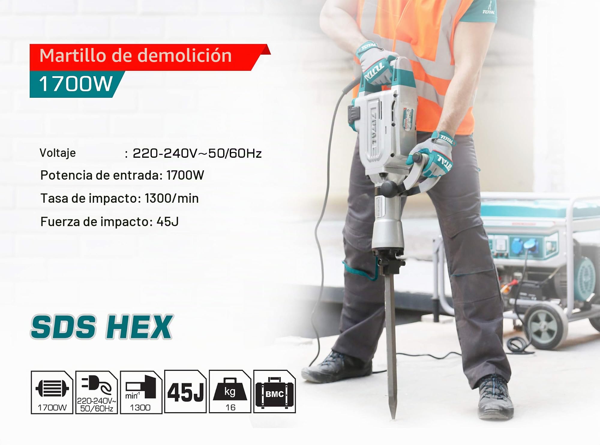 TOTAL - Martillo demoledor 1700W 50J, SDS Hex, 1400bpm