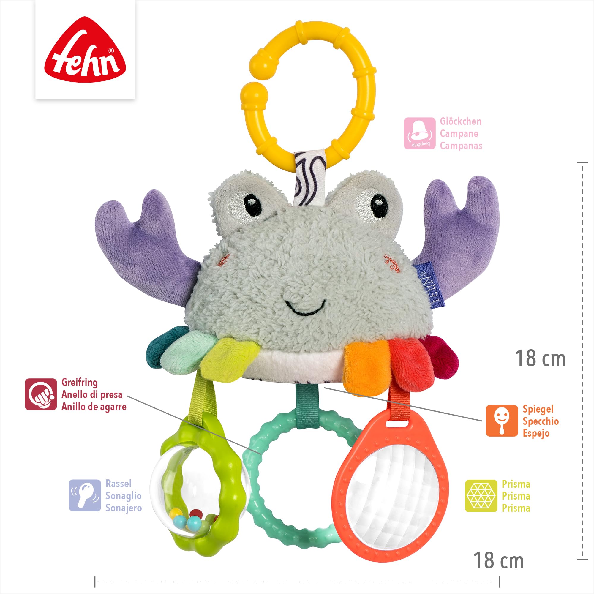 Fehn Mini-Mobile Krabbe – Motorikspielzeug Zum Aufhängen für Kinderwagen, Kinderbett und Babyschale – Zum Beißen, Greifen und Geräusche erzeugen – Spielzeug für Babys und Kinder AB 3+ Monaten
