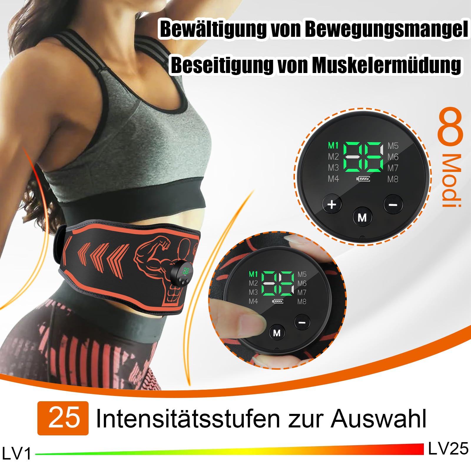 Tosucs EMS Trainingsgerät,Bauchmuskel Gürtel Elektrisch，EMS Elektrische Muskelstimulation 8 Modi & 25 Intensitäten,USB-aufladbar mit DREI Controllern für Bauch/Arm/Bein-Übungen für Männer und Frauen