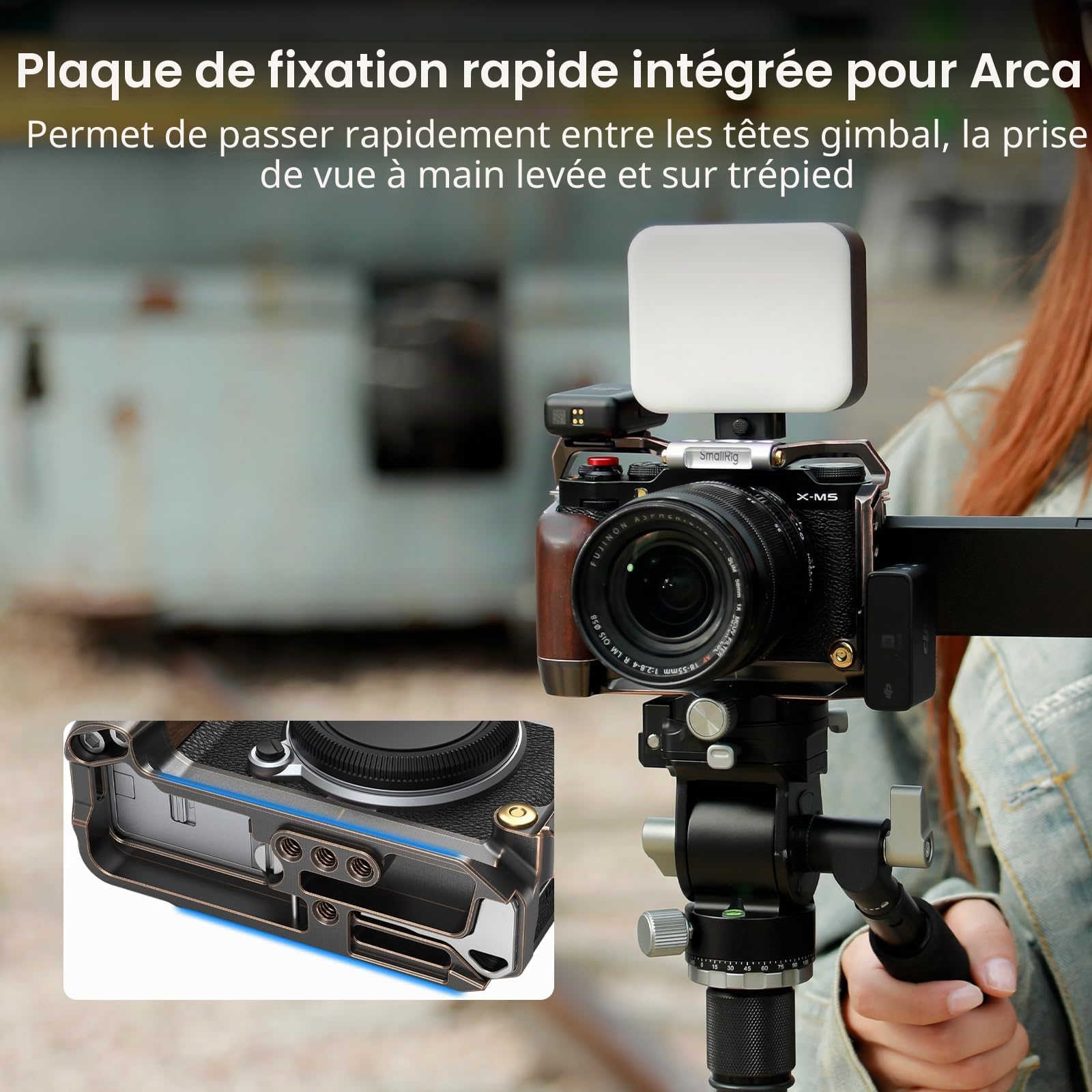 SMALLRIG Cage « Retro » pour FUJIFILM X-M5, avec Poignée en Bois Intégrée et Plaque de Fixation Rapide pour Arca, avec Pare-Brise/Cache-Accessoire/Bouton de Déclenchement de l'obturateur - 4892