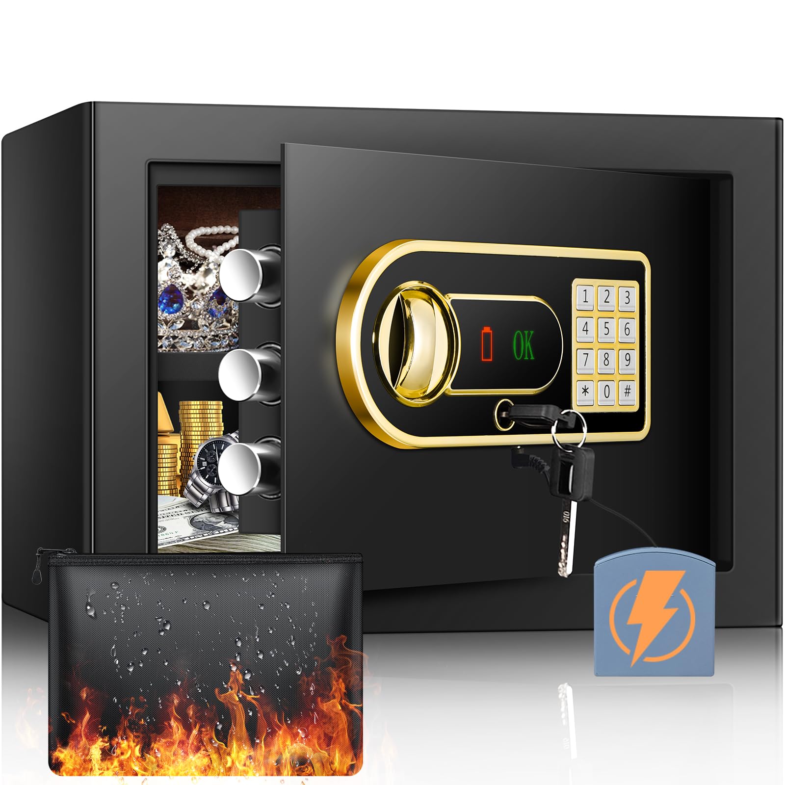 Mejasg Caja fuerte resistente al fuego con resistente al fuego, impermeable, 25 l, pequeña con estante extraíble y compartimento externo para pilas, caja fuerte de pared, caja fuerte para guardar