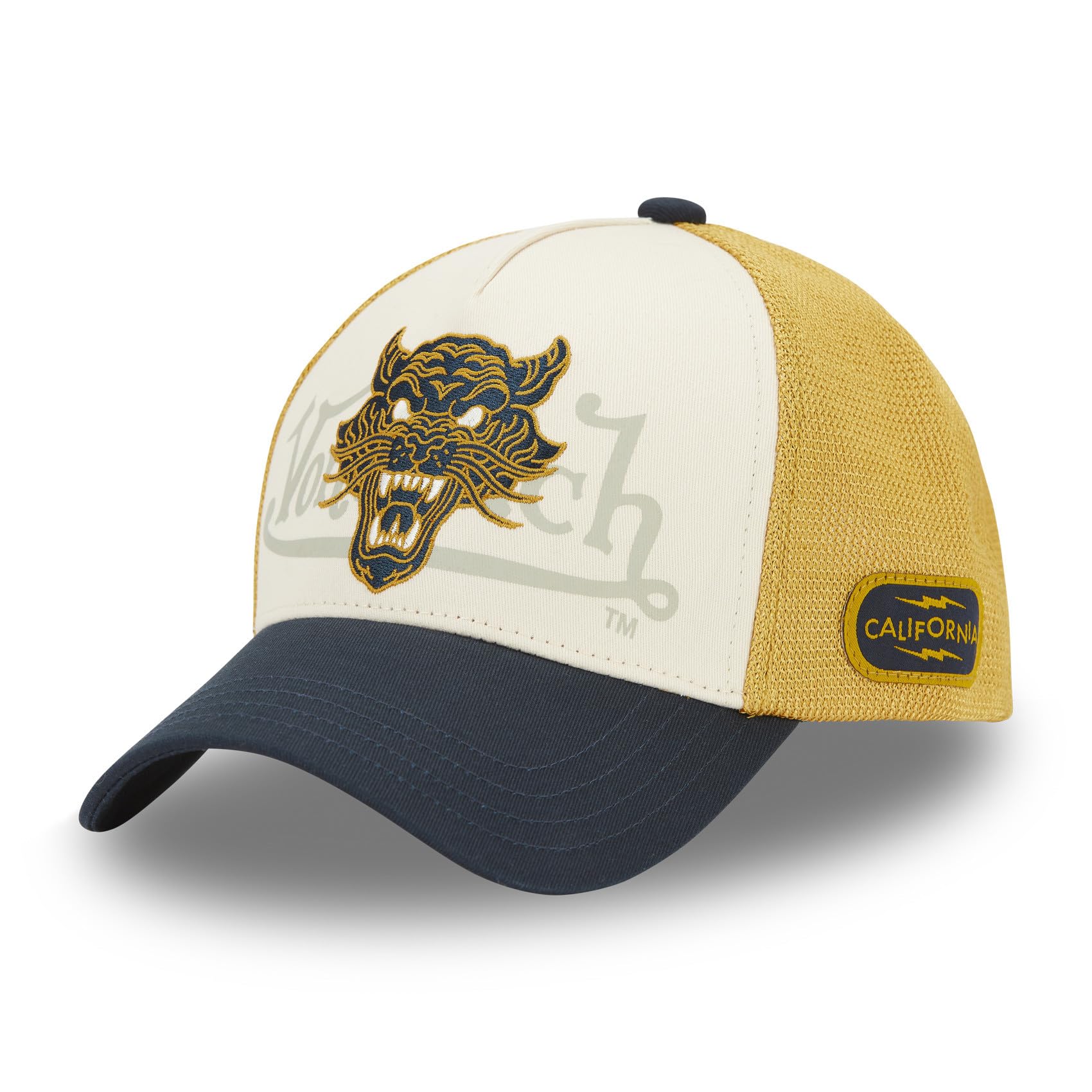 Von Dutch Premium Baseball Cap with Wild Cotton Twill Net, Mustard / Navy Blue, One Size