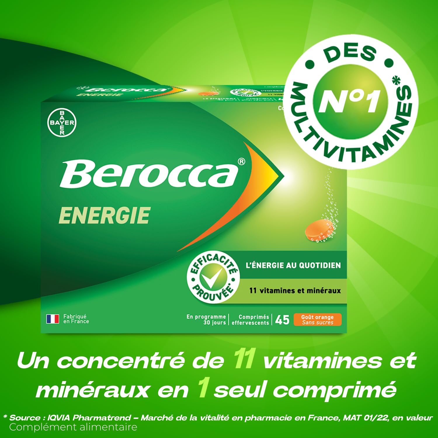 Berocca Energie Orange - Multivitamines et Minéraux - Vitamine C, B3, B5, B1, B12, Calcium, Magnésium et Zinc - Complément alimentaire - Aide à réduire la fatigue - 2x45 comprimés effervescents