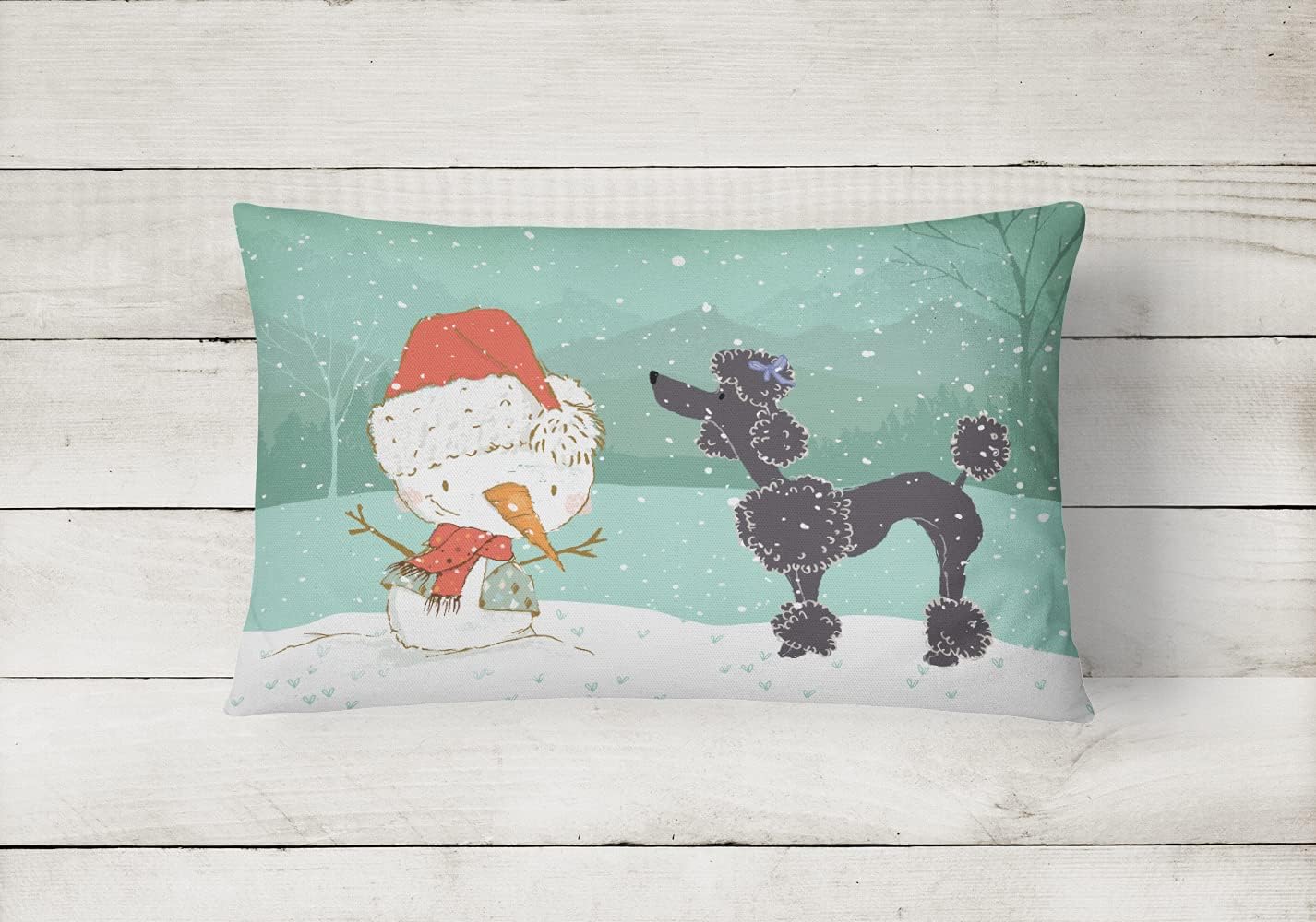Caroline's Treasures CK2064PW1216 Black Poodle Snowman Christmas Canvas Fabric Decorative Pillow Machine Washable, Indoor Outdoor Decorative Pillow for Couch, Bed or Patio, 12HX16W