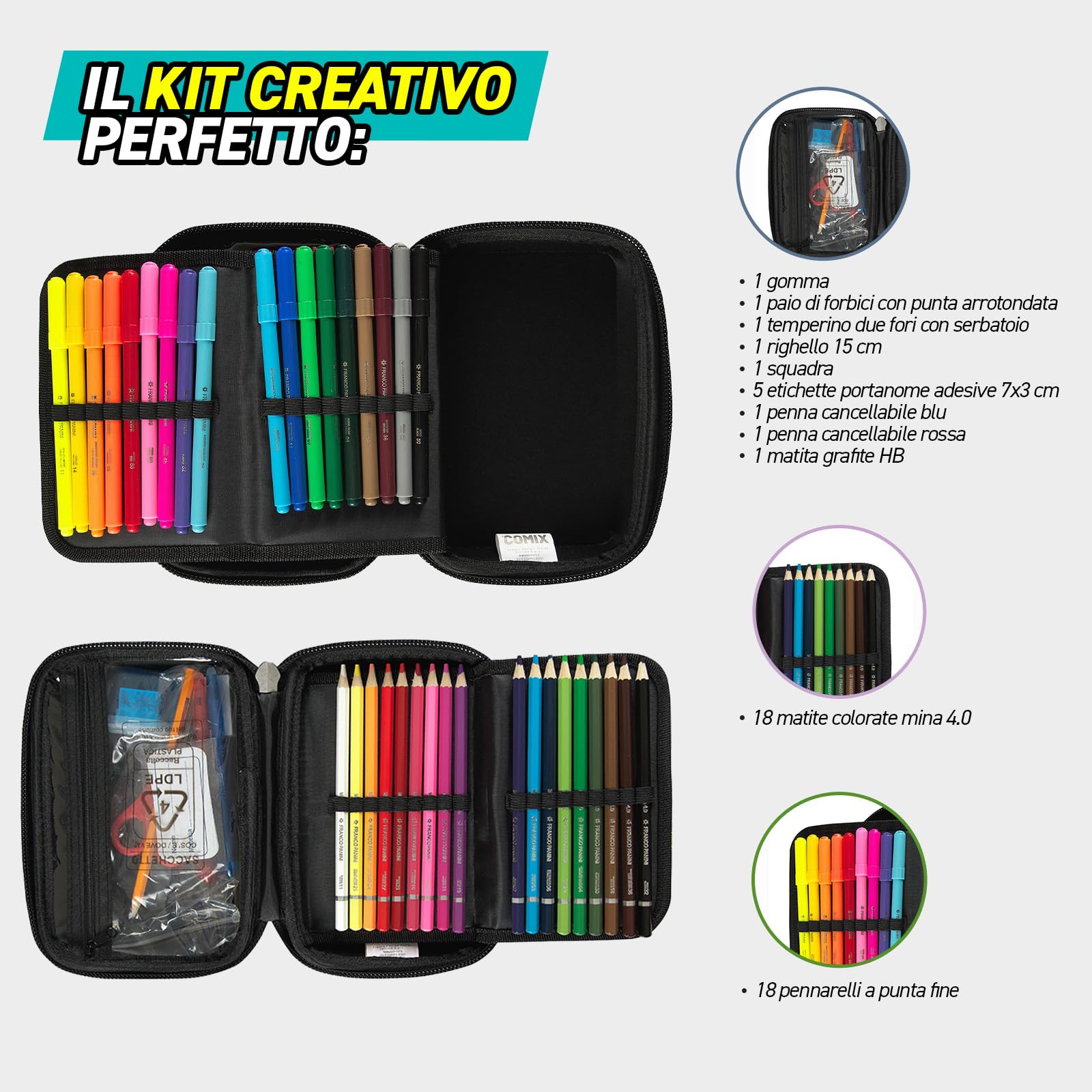 COMIX - Astuccio Scuola, Astuccio Maxi Zip per Bambini e Ragazzi, con Set Cancelleria Incluso, Cover Rigida con Maxi Logo in Rilievo e Tirazip in Metallo, 21 x 14,5h x 6,5 cm