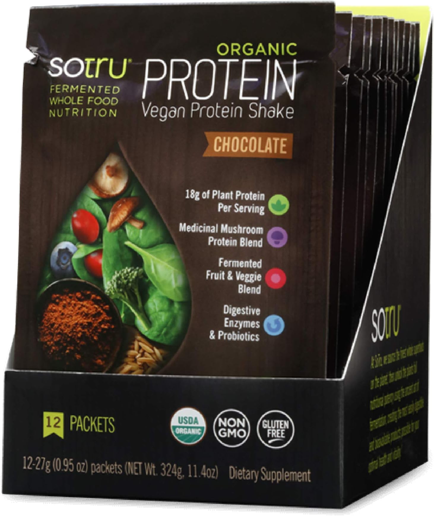 SoTru Vegan Protein Shake Chocolate (12 Pack) - 27 Grams - Whole Food Plant-Based Powder with Green Superfoods, Enzymes & Probiotics - USDA Certified Organic, Non-GMO, Gluten-Free - 12 Total Servings
