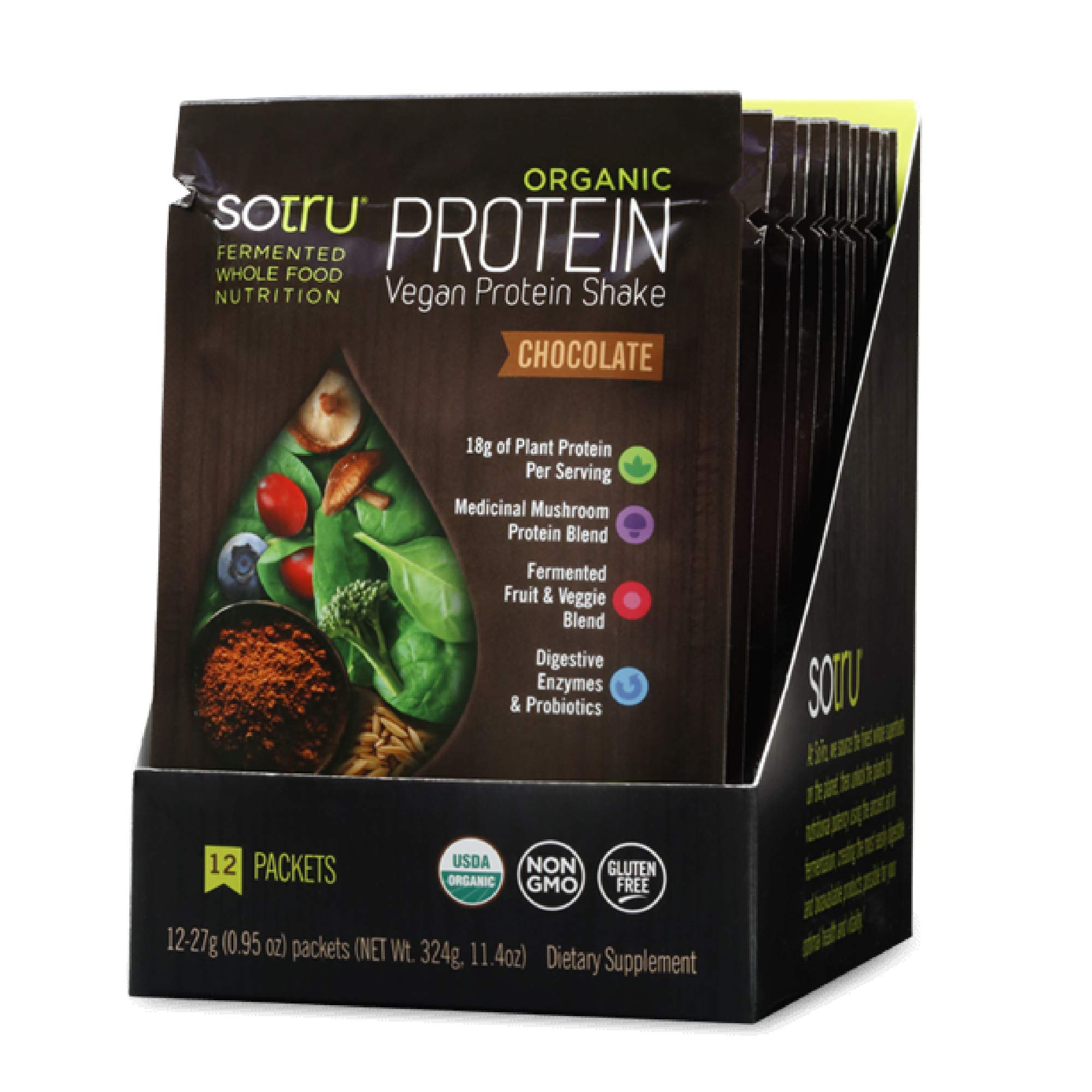 SoTru Vegan Protein Shake Chocolate (12 Pack) - 27 Grams - Whole Food Plant-Based Powder with Green Superfoods, Enzymes & Probiotics - USDA Certified Organic, Non-GMO, Gluten-Free - 12 Total Servings