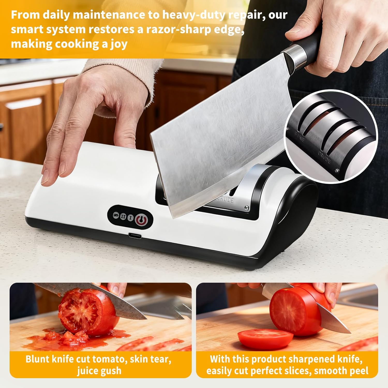 Electric Knife Sharpener, 2-Speed USB Rechargeable & Cordless kitchen knife sharpener, Sharpens Kitchen Knives, Chef Knives, Scissors with Non-Slip Base, Includes Cut-Resistant Gloves