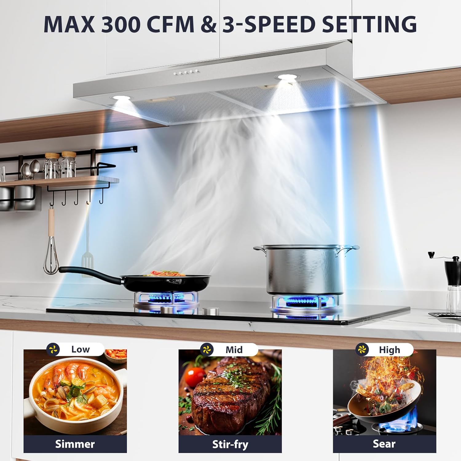 30 Inch Range Hood Under Cabinet Oven Vent Hood, Ducted/Ductless Convertible Kitchen Extractor, Stainless Steel Stove Exhaust Fan, Charcoal Filter and Exhaust Pipe Included
