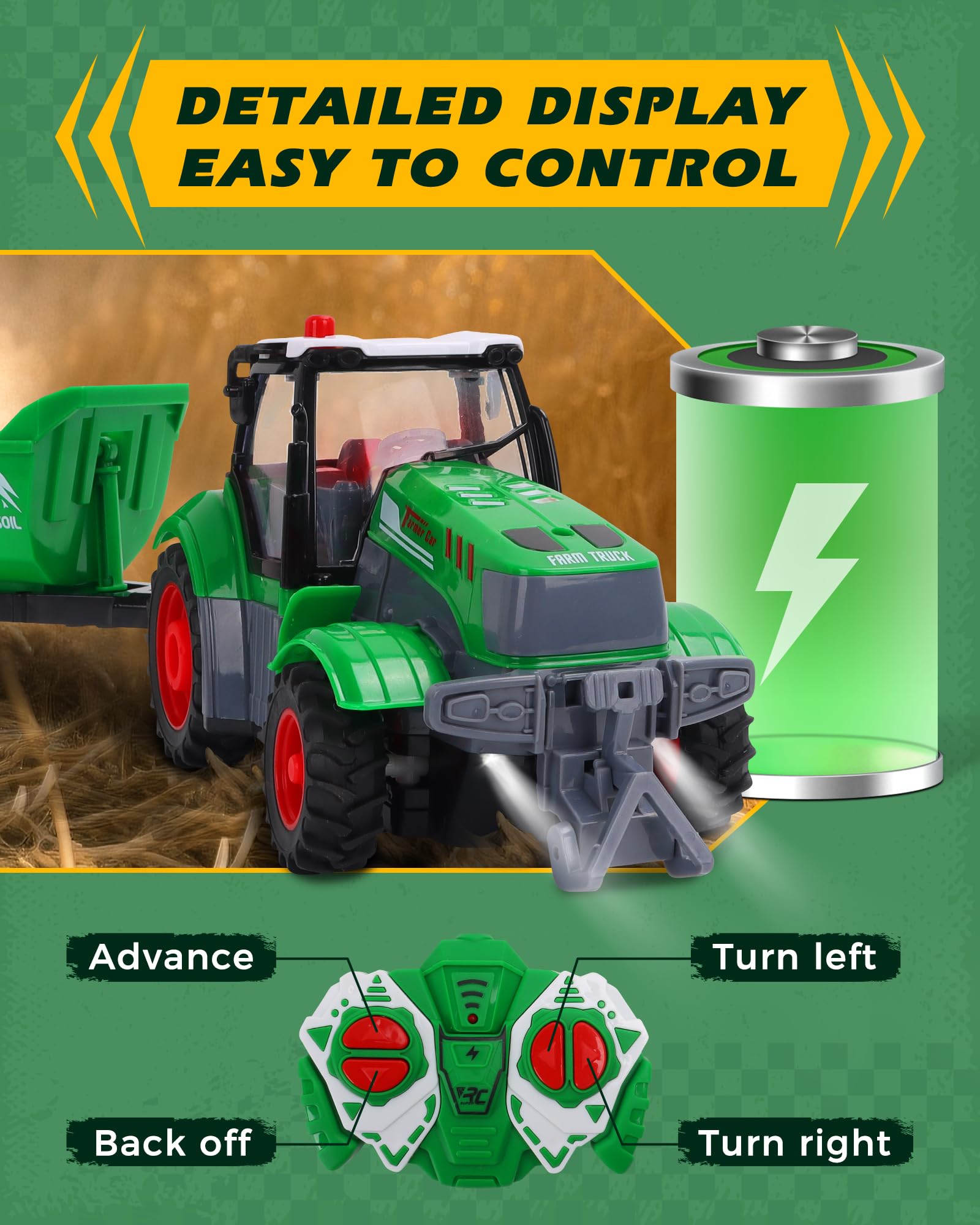 Tractor de control remoto, escala 1/24 con remolque volquete, juguete de vehículo agrícola RC recargable con luz y sonido para niños, regalo ideal de cumpleaños de Navidad para niños y niñas 6