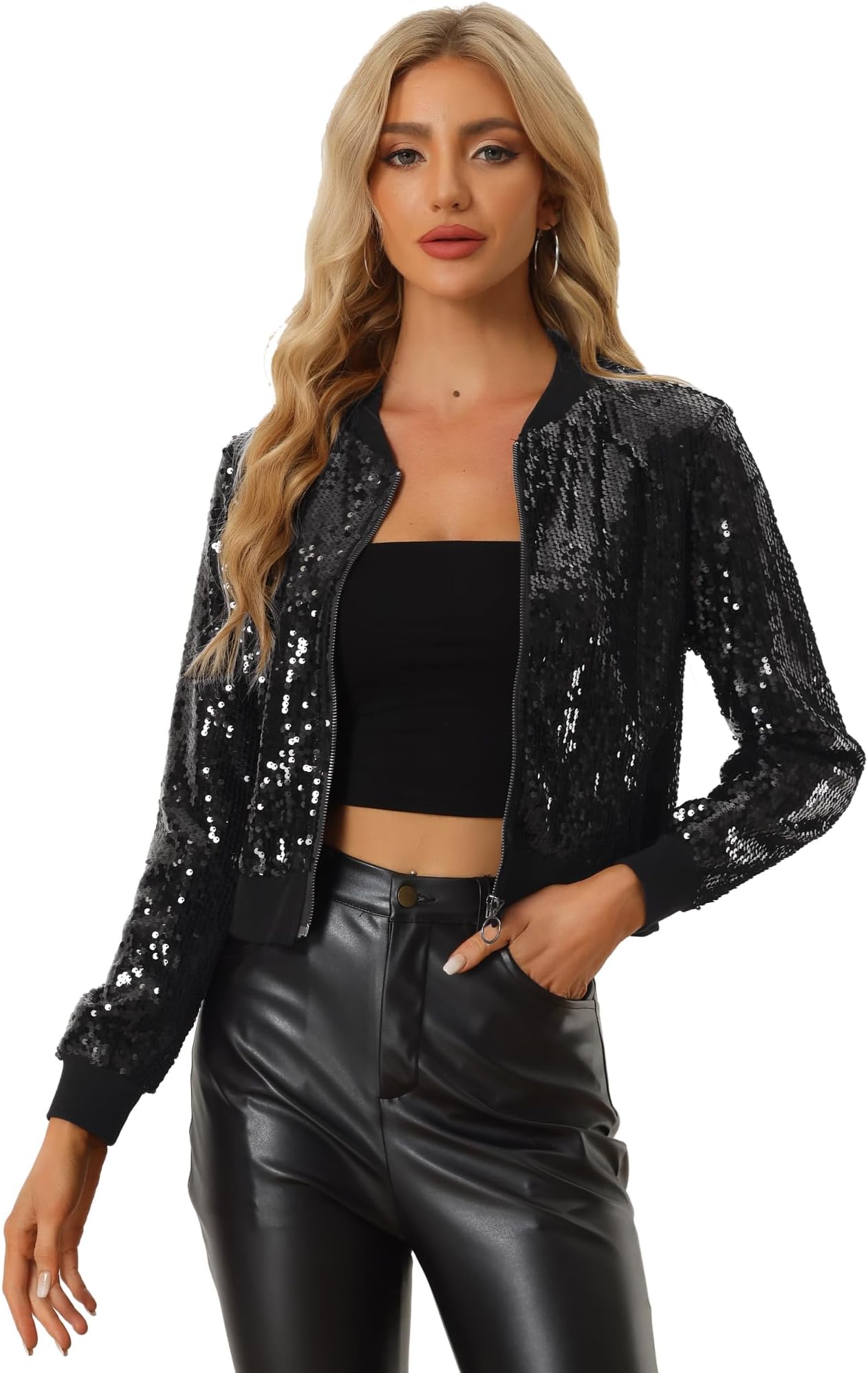 Allegra K Women Sequin Bomber Jackets Halloween Sparkly Long Sleeve Zip Front Shiny Cropped Jacket Glitter Party Disco Outfit
