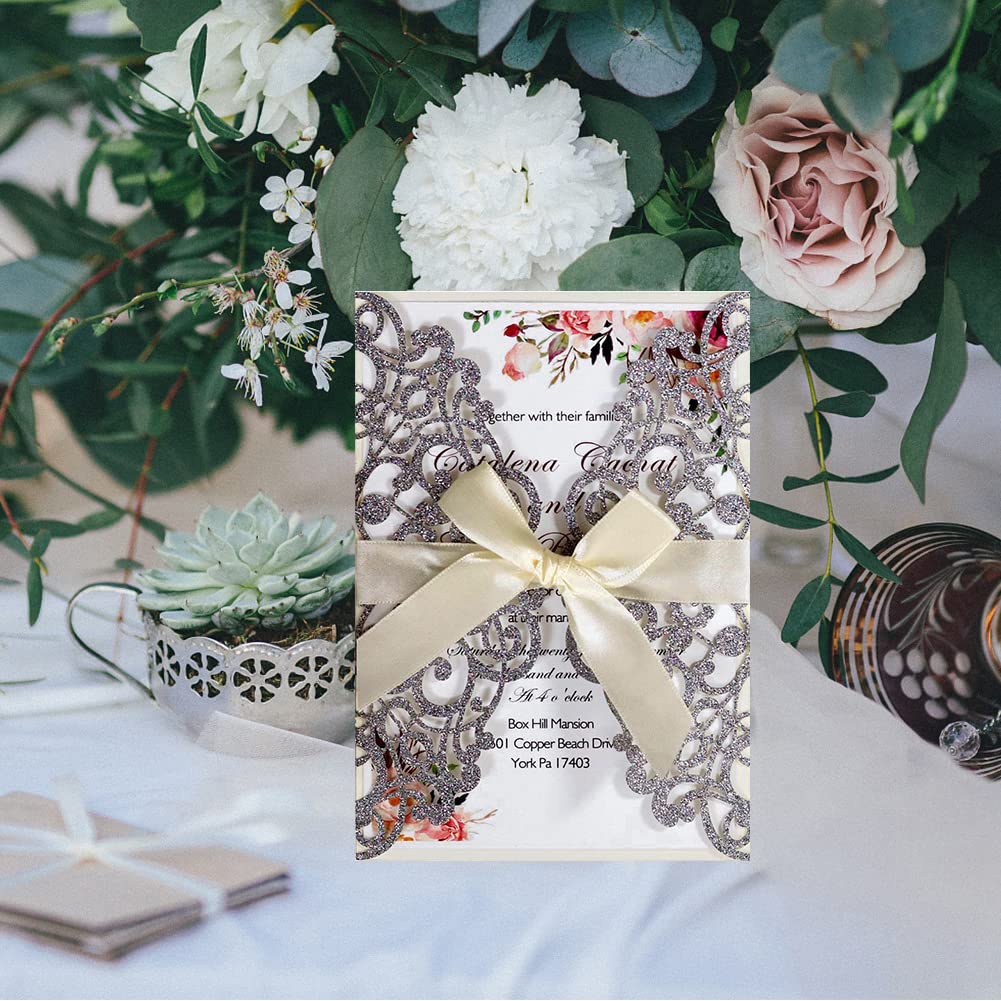 URFEDA 25 sztuk zaproszeń ślubnych, eleganckie koronkowe kwiaty, zaproszenie na ślub z pustymi kartami, arkusze wewnętrzne, koperty, szlifierki i wstążki, ręcznie robione kartki na wesele, przyjęcie
