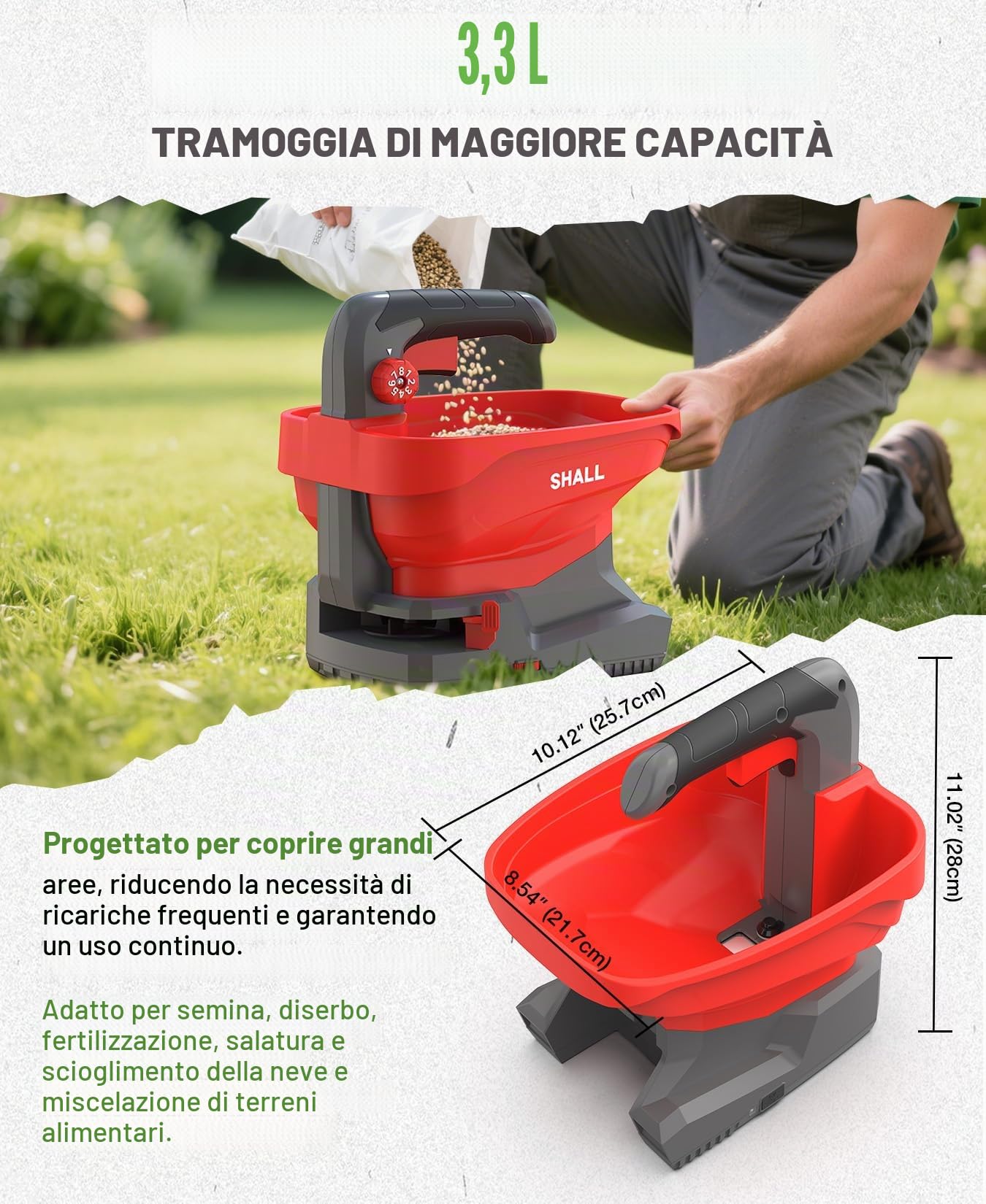 Shall Seminatrice Universale a Batteria Ricaricabile, spandiconcime Elettrico da 7,2 V, Adatto per la salatura Stradale, la rimozione della Neve e la Semina, Batteria e caricabatteria Inclusi