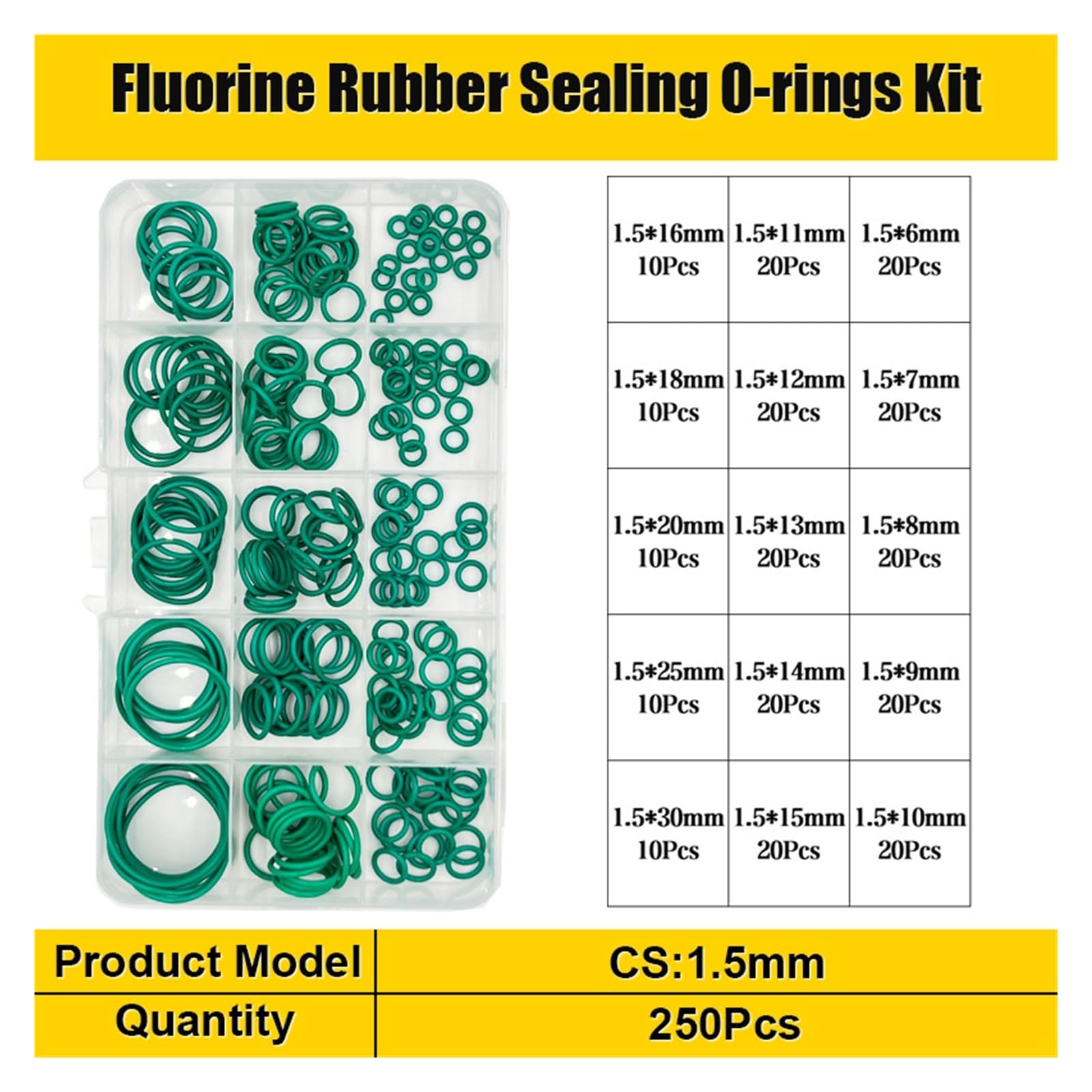 Juego de juntas de sellado de junta tórica de caucho flúor verde(250PCS 1.5mm)