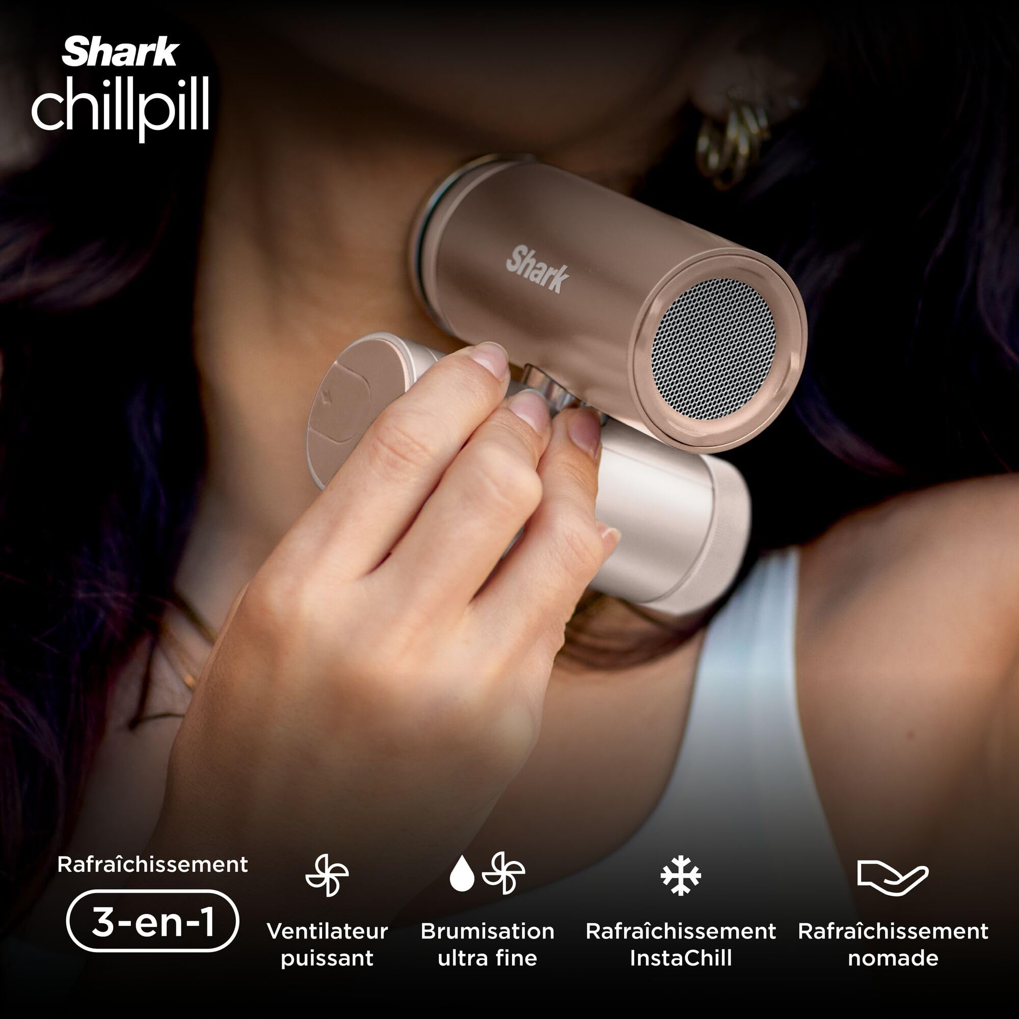 Shark ChillPill Système de ventilateur à grande vitesse, de brume ultra-fine et InstaChill 3-en-1, comprend 3 accessoires de rafraîchissement, design adapté aux voyages, Marron glacé FA022EUBR