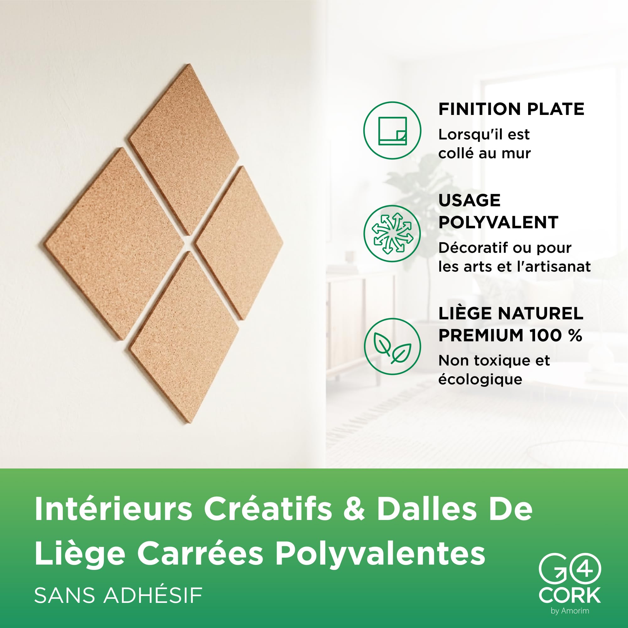 Go4Cork Lot de 4 carreaux carrés en liège – 21,6 x 21,6 cm | Carreaux en liège double face de qualité supérieure | Multifonctions pour les travaux manuels, la maison, la salle de classe