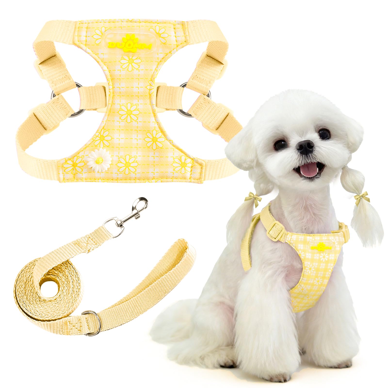 PETCARE Cute Small Dog Harness and Leash Set Yellow Floral Daisy Puppy Harness Vest Adjustable Step in Spring Summer Soft Mesh Flower Girl Dog Harnesses for Chihuahua Yorkie Pomeranian Shih Tzu, M
