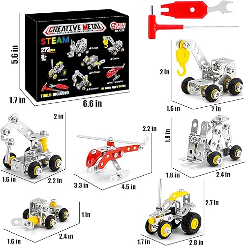 Miniatura 5 de BESTYMXY Juguetes de construcción de troncos, vehículos de construcción de metal y kit de modelo de helicóptero, 6 modelos, 272 piezas de juegos de