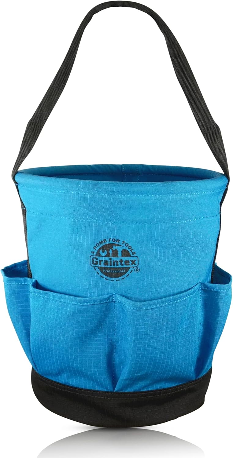 Graintex Tapered Canvas Bucket 12"x10"x15", Utility Tool Bucket 6 Pockets Outside, Reinforced Base & Carry Handle, Ripstop Canvas, Multi-Purpose Bag for Jobsite & Home Use - Royal Blue