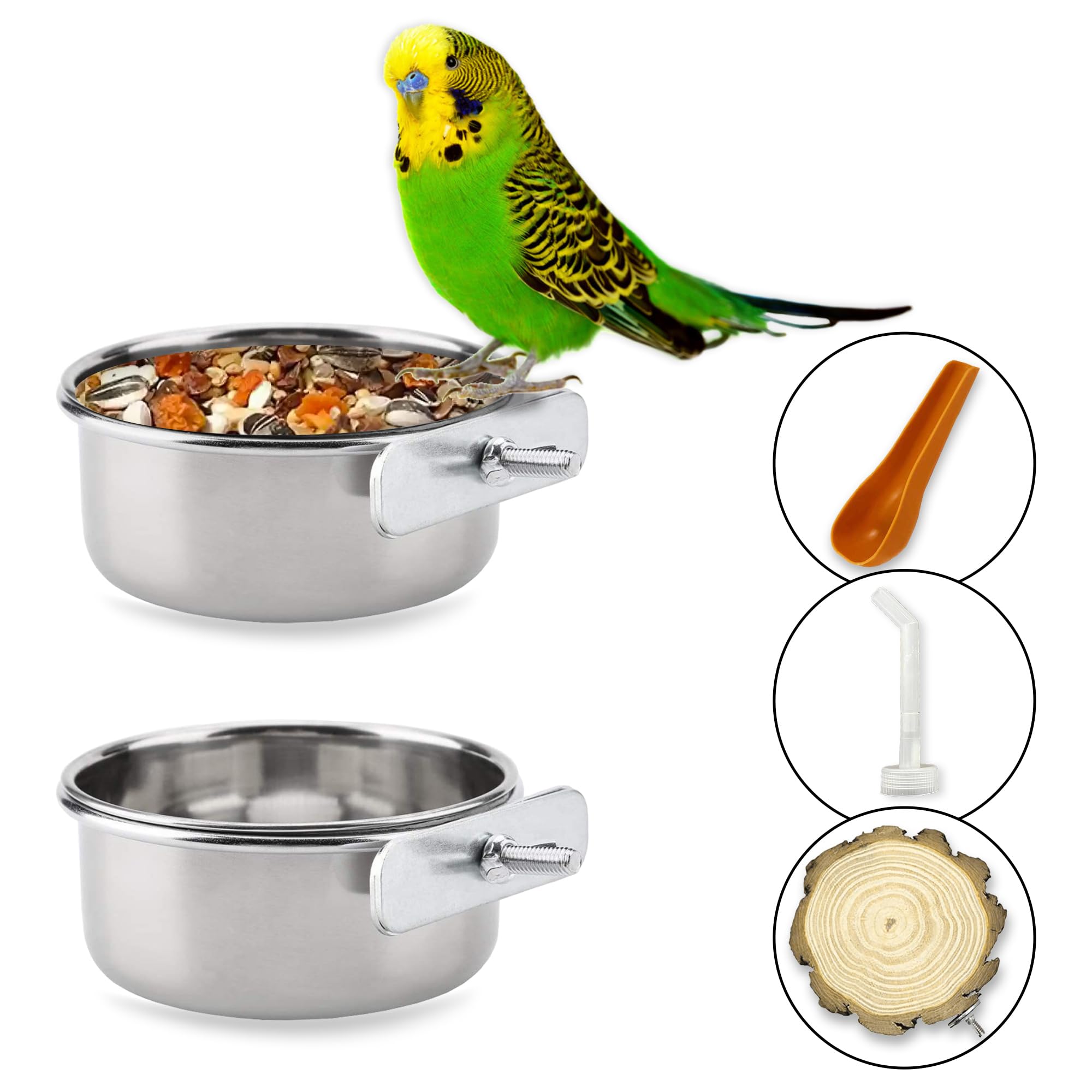 2pcs Bird Cage Feeder Stainless Steel, 10 * 5cm Bird Water & Food Bowl, Durable Bird Cage Accessories, Includes Round Wooden Perch, Bird Feeder Spoon & Water Spout, for Parrots & Small Birds