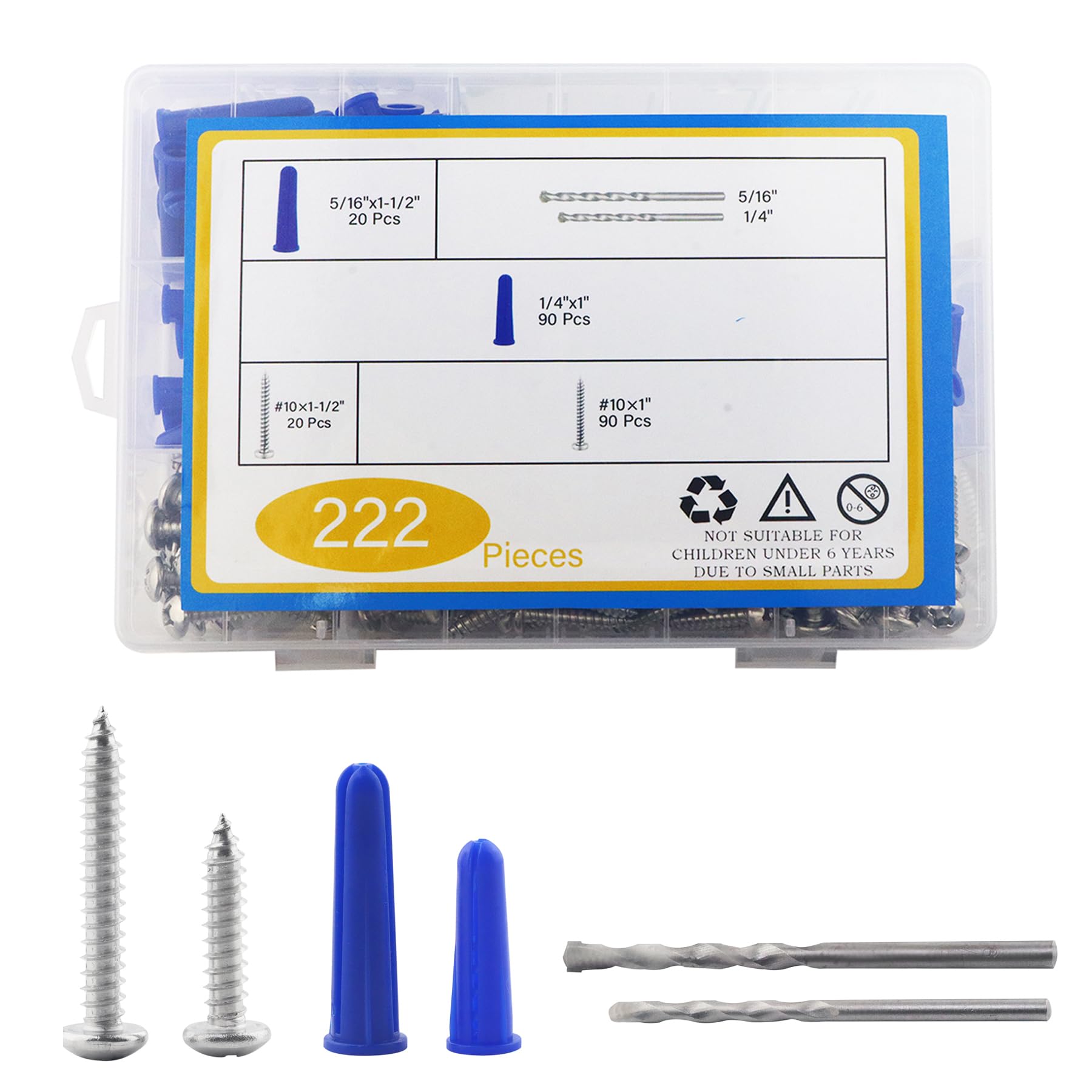 HANLATO 222Pcs Conical Concrete Wall Anchors and Screws Assortment Kit, Wall Anchors for Concrete Drywall, 110 Concrete Wall Anchors and 110 Self Tapping Screws, with 2Pcs Drill Bit