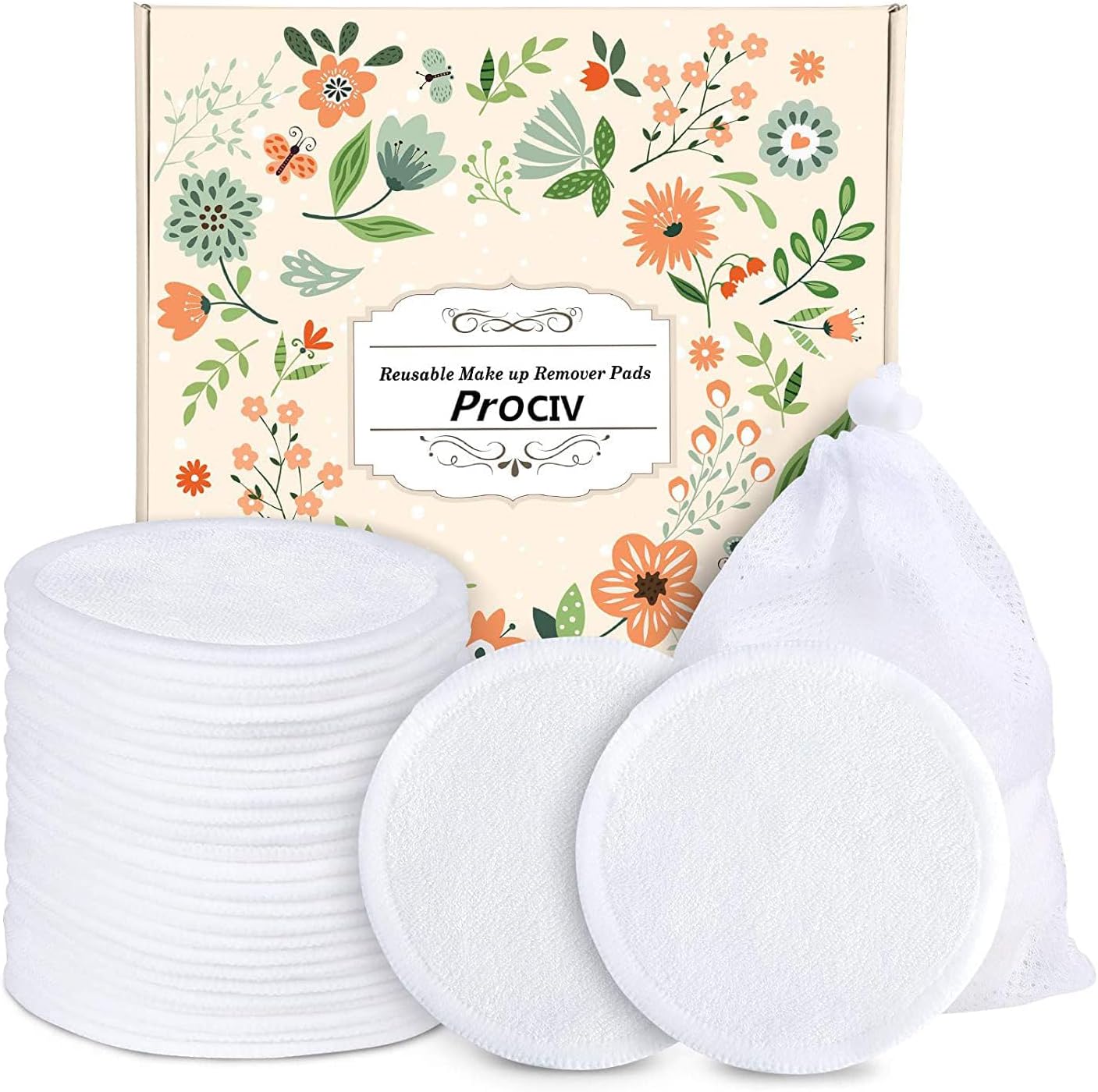 ProCIV Reusable Makeup Remover Pads – 16 Packs Washable Organic Bamboo Remover Cotton Pads for All Skin Types & Toner with Laundry Bag, Eco Friendly Zero Waste Soft Cotton Rounds for Woman Gift (White)
