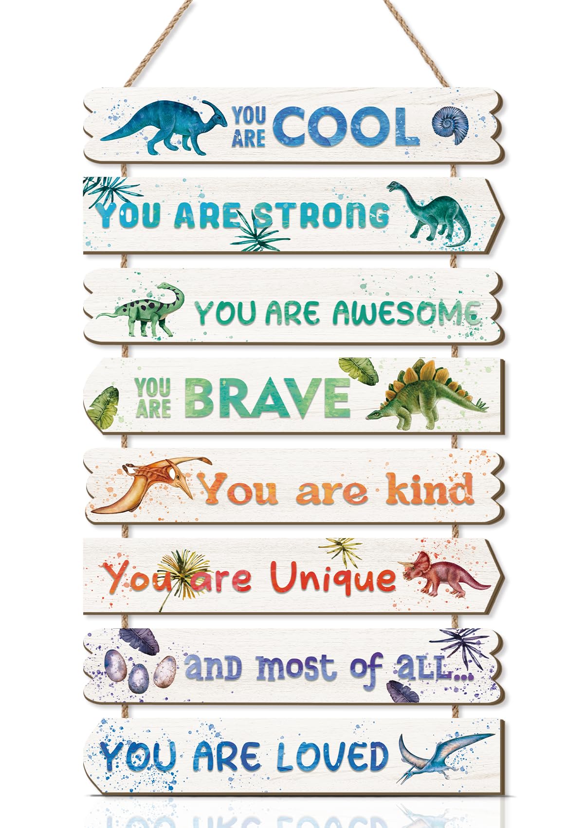 HLNIUC Watercolor Boys Dinosaur Inspirational Wood Sign Set of 8(10”x3”) Colorful Positive Dino Hanging Plaque Children’s Dinosaur Wall Pediment Motivational Quotes Wooden Wall Art for Kids Room Study
