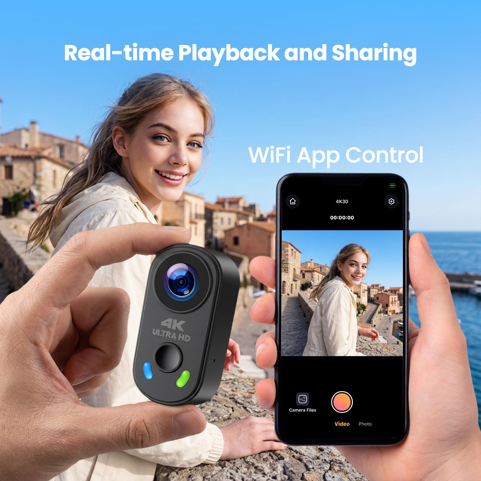 Mini Action Cam 4K 30fps, Body Cam Magnetica con Custodia di Ricarica, Videocamera POV 150° EIS 6 Assi, Scheda 64GB, per Moto Bici Vlog