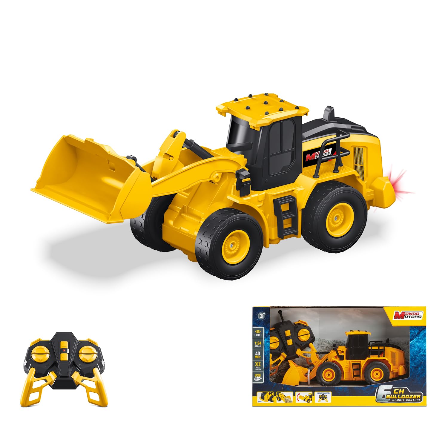 MONDO Motors Bulldozer radiocomandato, modello in scala 1:24, pacco batterie ricaricabili incluso, movimenti controllabili dal telecomando, giocattolo per bambini 63848