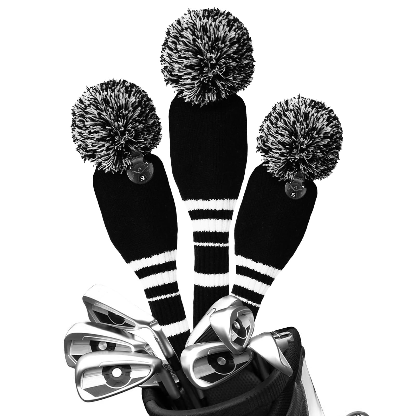 Golf Club Wood Head Covers Pom Value 1 3 Pack, Premium Knitted Driver and Wood Protection with Secure Elastic Fit, Stylish Classic Striped Design for Men & Women Choose (Black&White-3 Pcs (D+F+H))