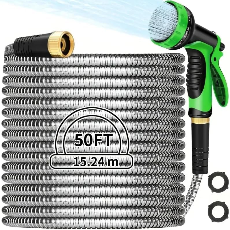 High-pressure thickened stainless steel hose with multi-function nozzle garden water gun (25FT+ Multi-Function Spray Head)
