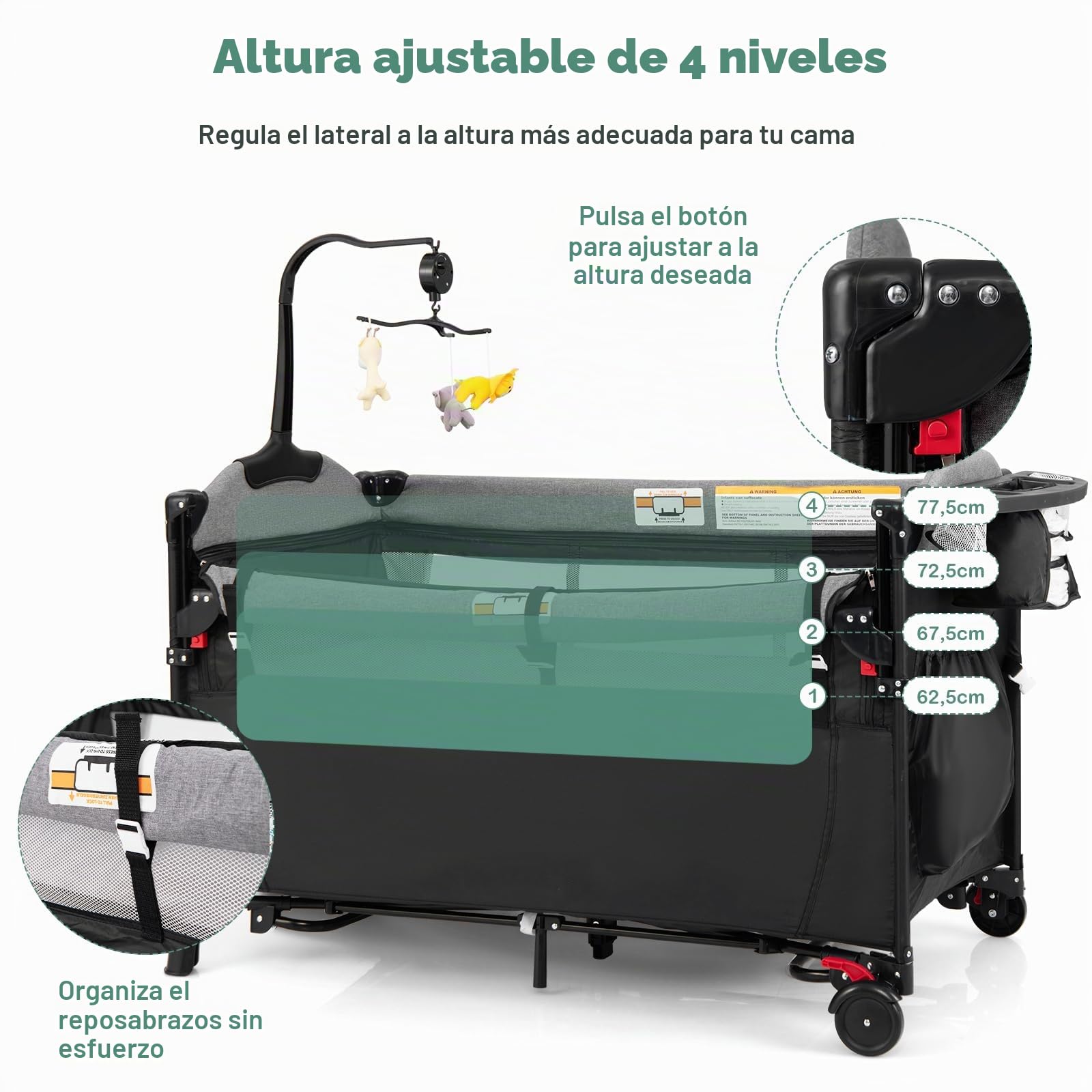 LIFEZEAL Cuna Cama para Bebé con Colchón, Cama Plegable para Bebé con Cambiador y Juguetes, Cuna de Viaje de Tejido Oxford con 2 Niveles, Altura Ajustable (Negro.)