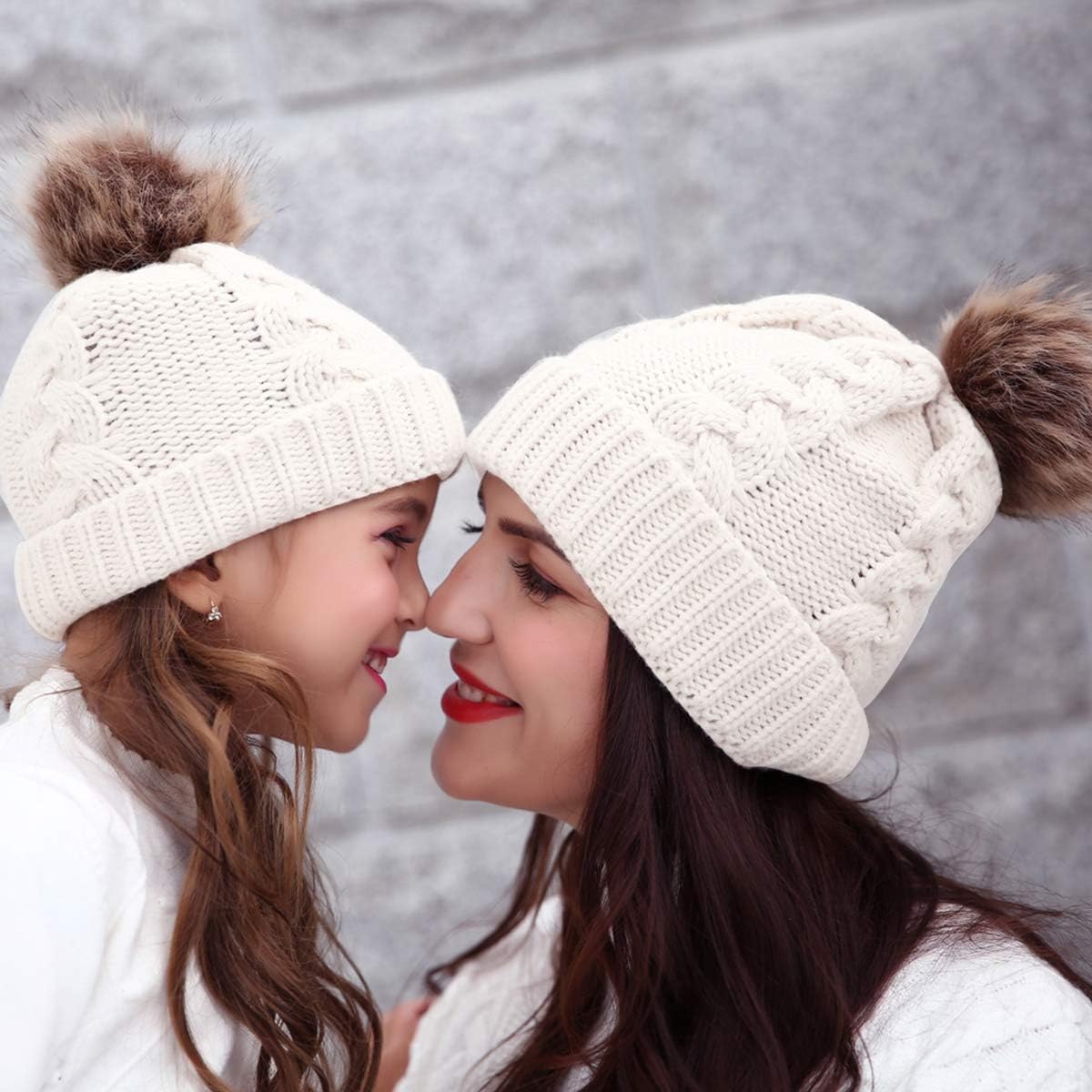 2PCS Parent-Child Knit Hat Family Matching Winter Warmer Hat Mother & Baby Crochet Beanie Ski Cap with Pom - Image 5