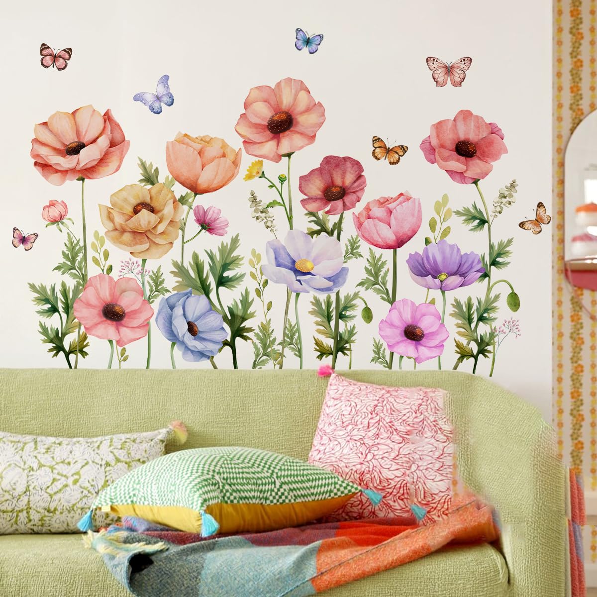 OUFEI Wall Stickers Floral Wallpaper Peel and Stick Colorful Flowers Butterflies Wall Decals for Kids Nursery Girls Bedroom Living Room Decoration