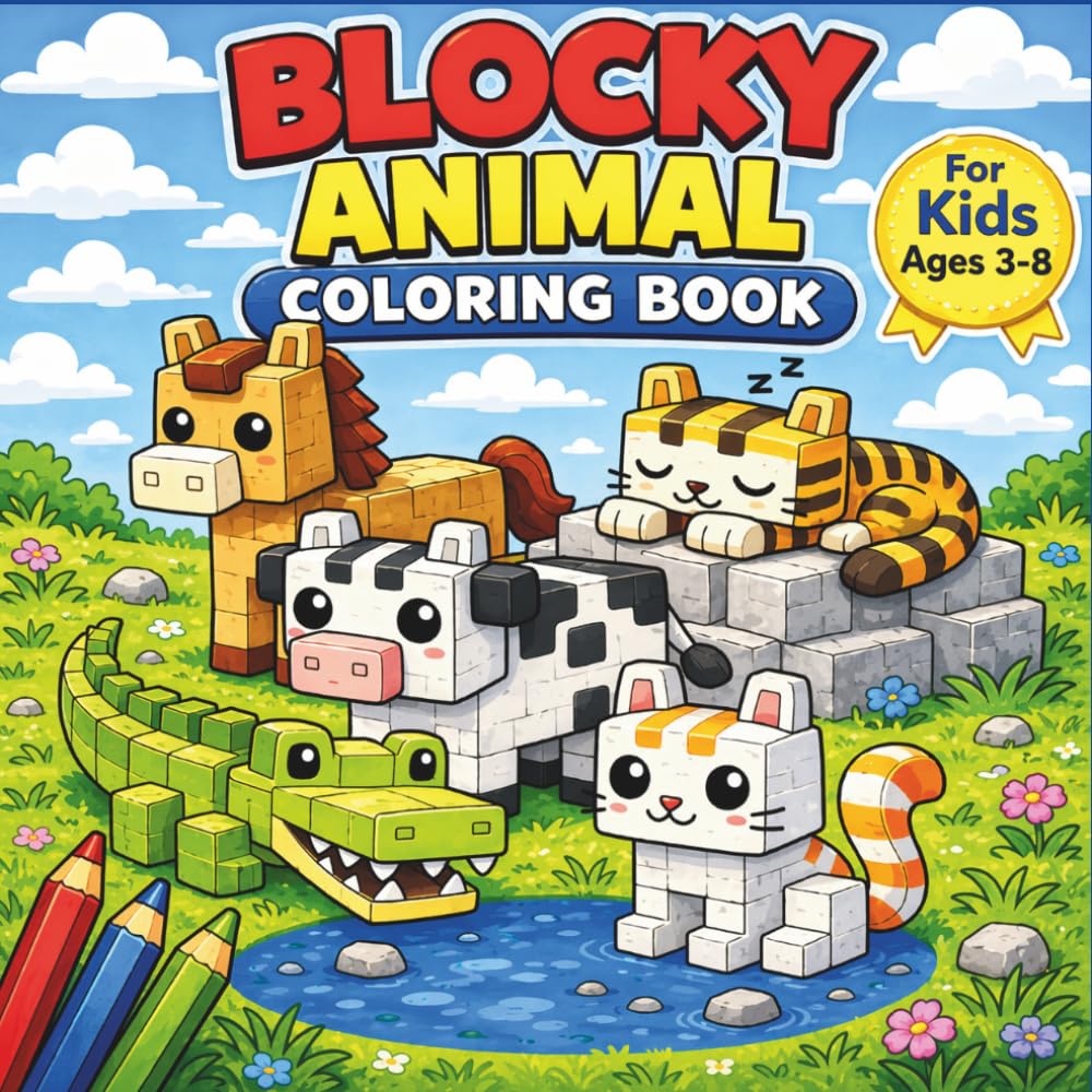 Blocky Animal Coloring Book for Kids Ages 3–8: Bold and Easy Coloring Book with Cute Blocky Animals | 50 Fun Pages for Boys and Girls Ages 3–8