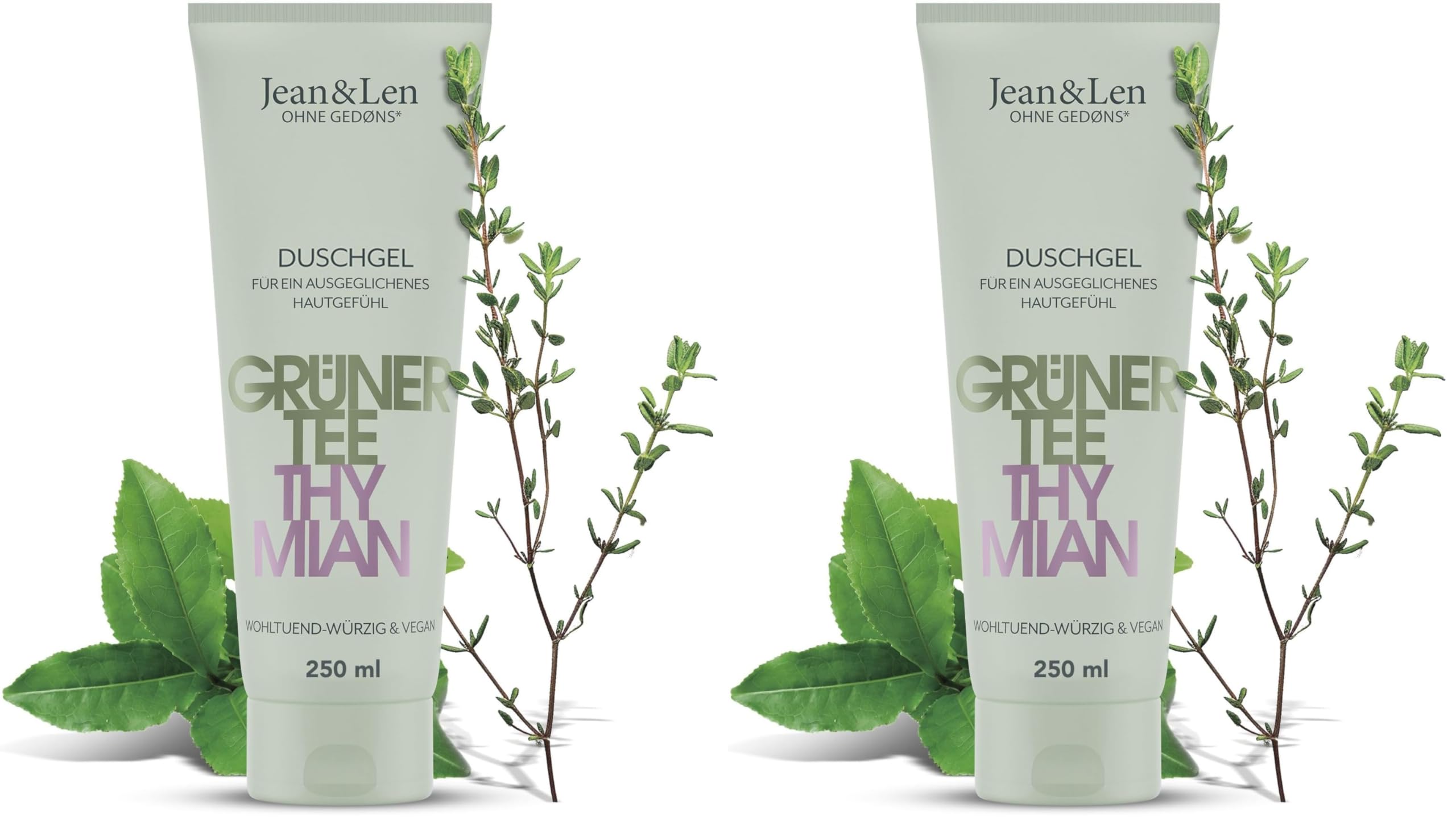 Jean & Len Duschgel Grüner Tee & Thymian, pH-hautideal, wohltuend-würziges Duscherlebnis, angereichert mit Grüner Tee- und Thymian-Extrakt, veganes Duschgel, ohne Parabene & Silikone, 250 ml