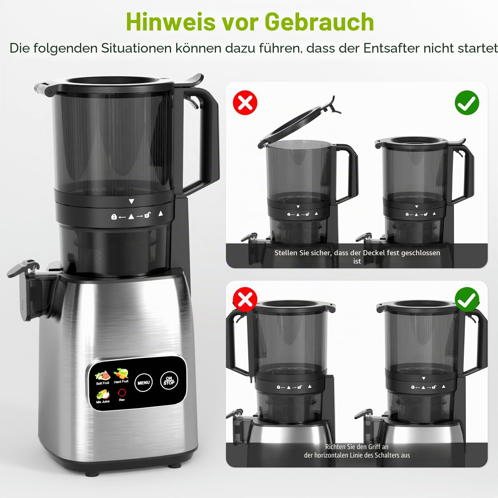 Kismile Kaltpress-Entsafter mit modernem Touchscreen, 13,5 cm XL-Futter, leicht zu reinigen, BPA-frei, hohe Ergiebigkeit, langsamer Entsafter für ganzes Obst und Gemüse, 300 W Masticating Juicer