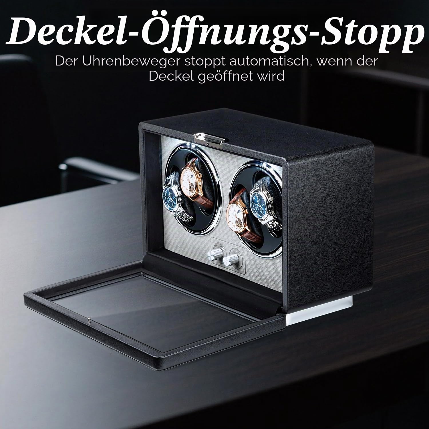 Mcbazel Automatischer Uhrenbeweger für 4 Uhren, PU-Leder Uhrenbox mit Ultraleisem Motor und LED-Licht, 4 Modi für Automatikuhren, USB-C & Batteriebetrieben - Schwarz